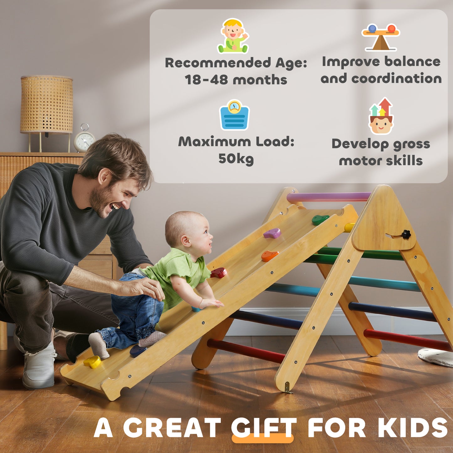 AIYAPLAY Toddler Climbing Frame for Kids, with Ramp, 3-in-1 Wooden Play Triangle Set for 18-48 Months, Multicolour