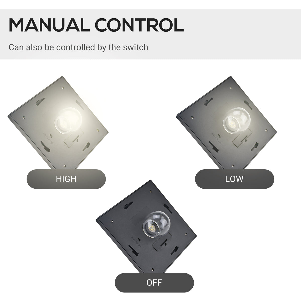 Solar lamp control switch panel with high, low, and off settings