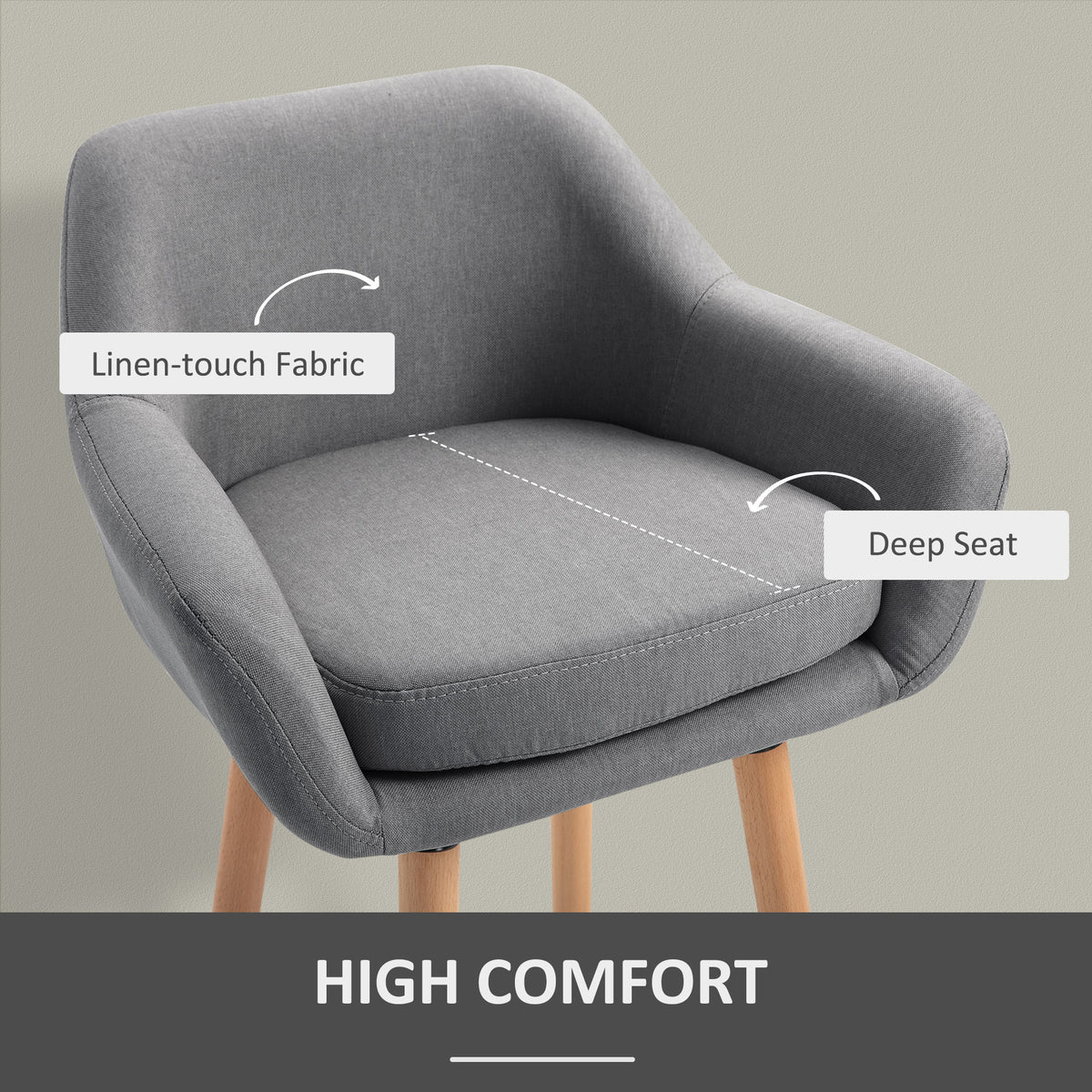 Gray upholstered bar stool with deep seat and linen-touch fabric