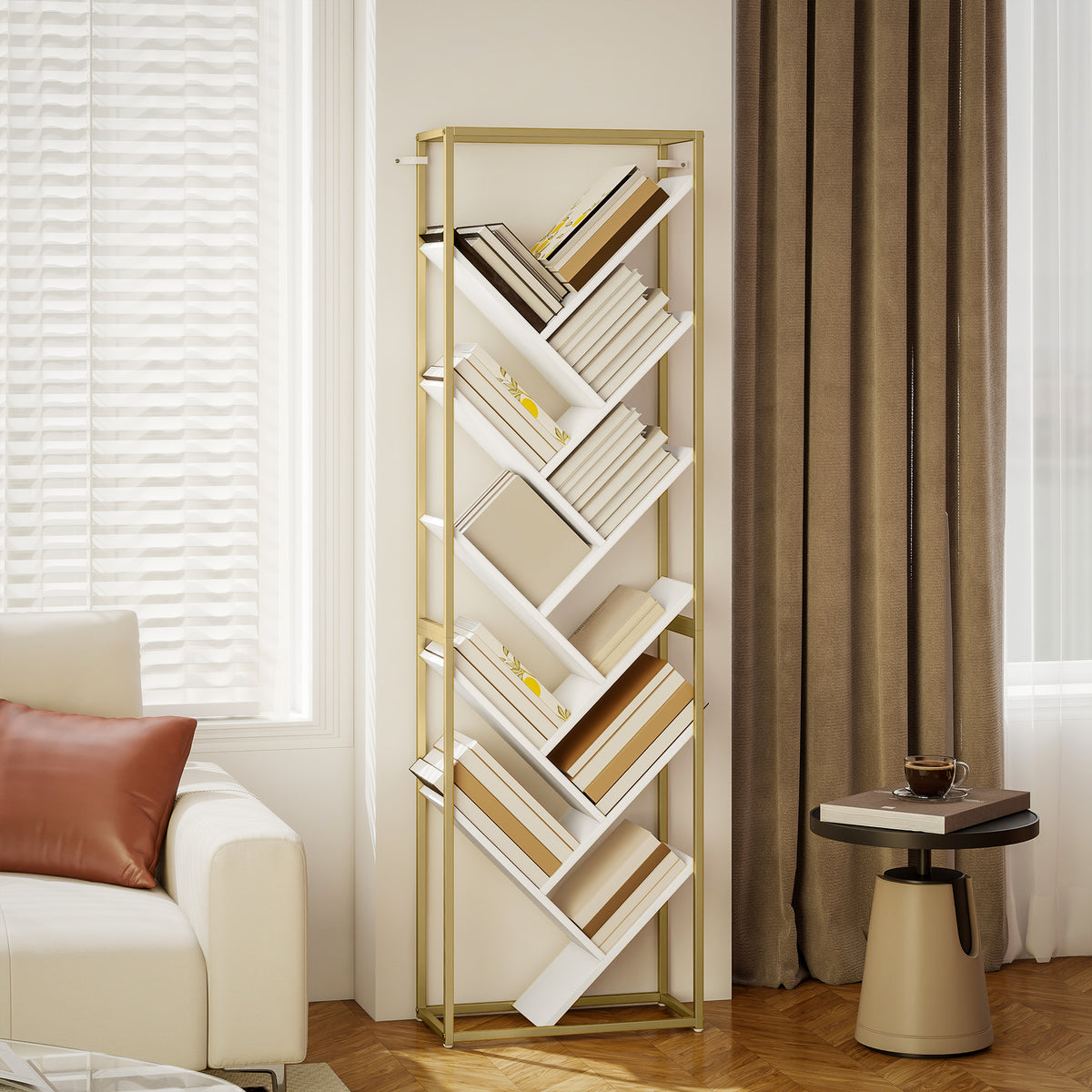 HOMCOM 10 Shelf Modern-Style Bookshelf - Gold Tone/White