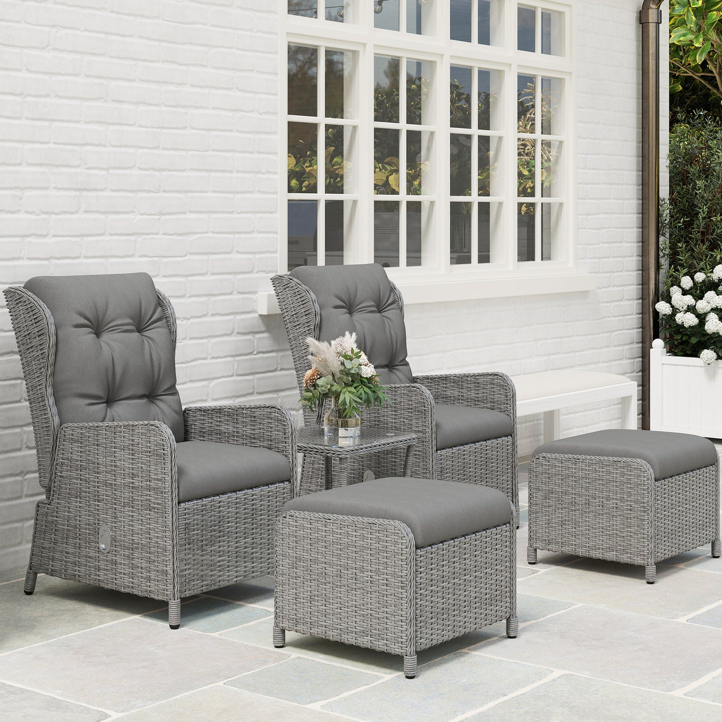 Outsunny 5 Pieces Rattan Bistro Set with Adjustable Back, Reclining Wicker Balcony Furniture with Cushions, Glass Top Coffee Table and Footstools, Outdoor Table and Chairs, Light Grey