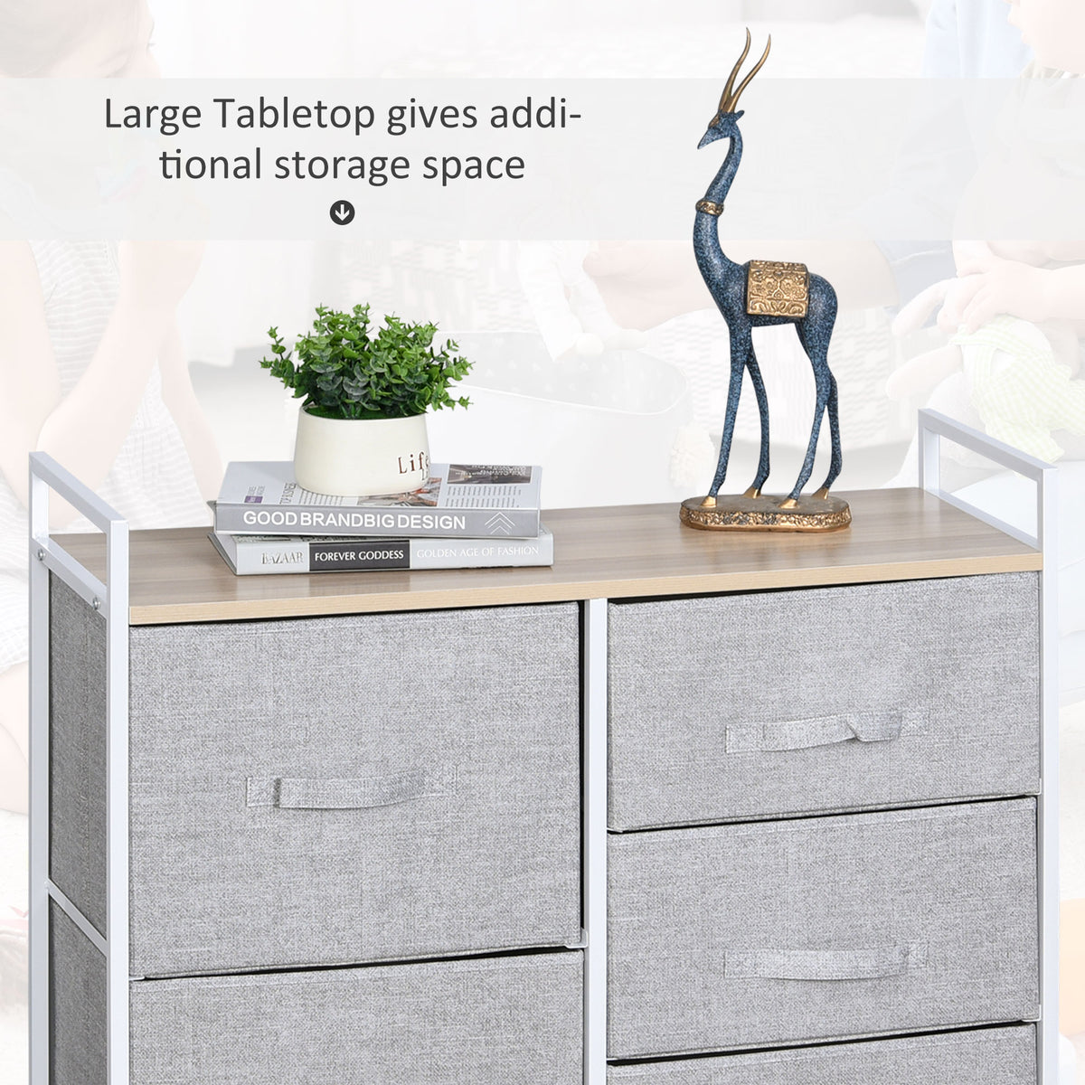 Gray fabric drawer storage unit with a wide wood-look tabletop
