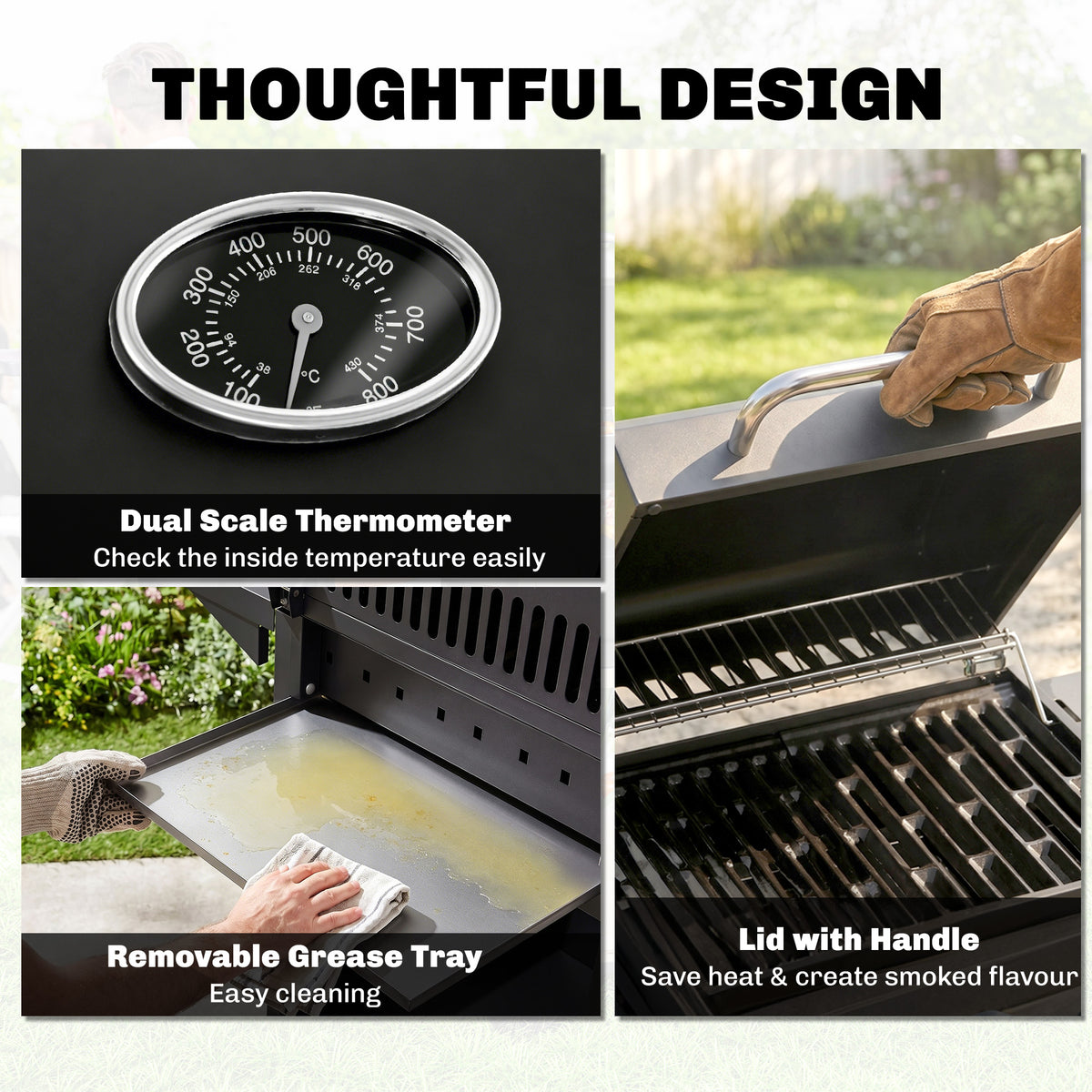Gas BBQ grill details: lid thermometer, removable grease tray and handled lid