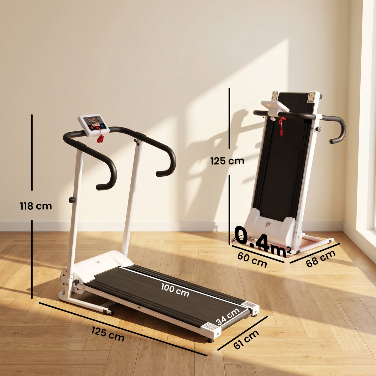 White folding treadmill shown open and upright with dimensions labeled