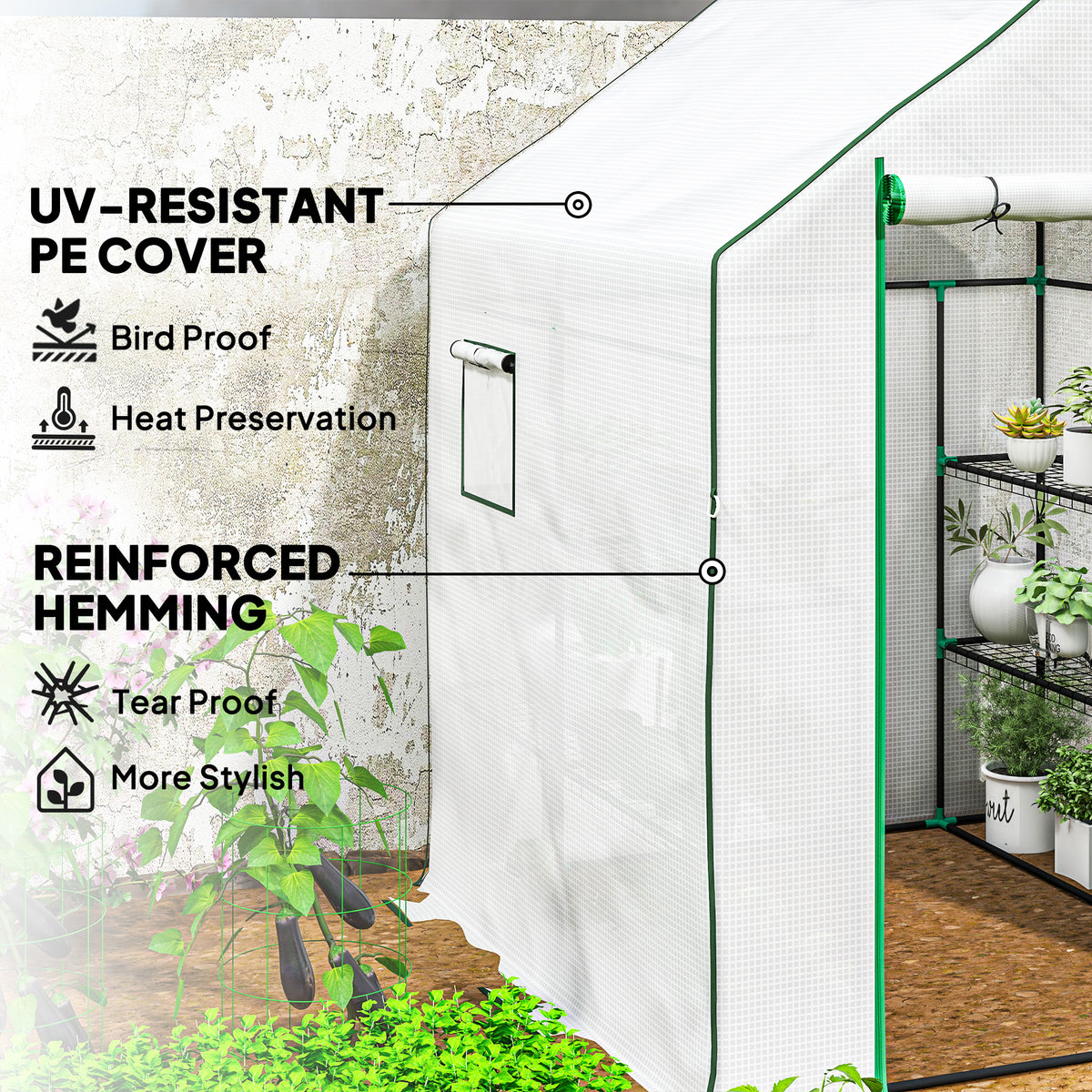 Greenhouse white PE cover with reinforced green edging and side window