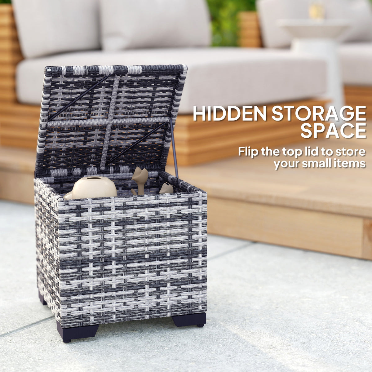 Open rattan storage ottoman with lift-up lid and interior storage space