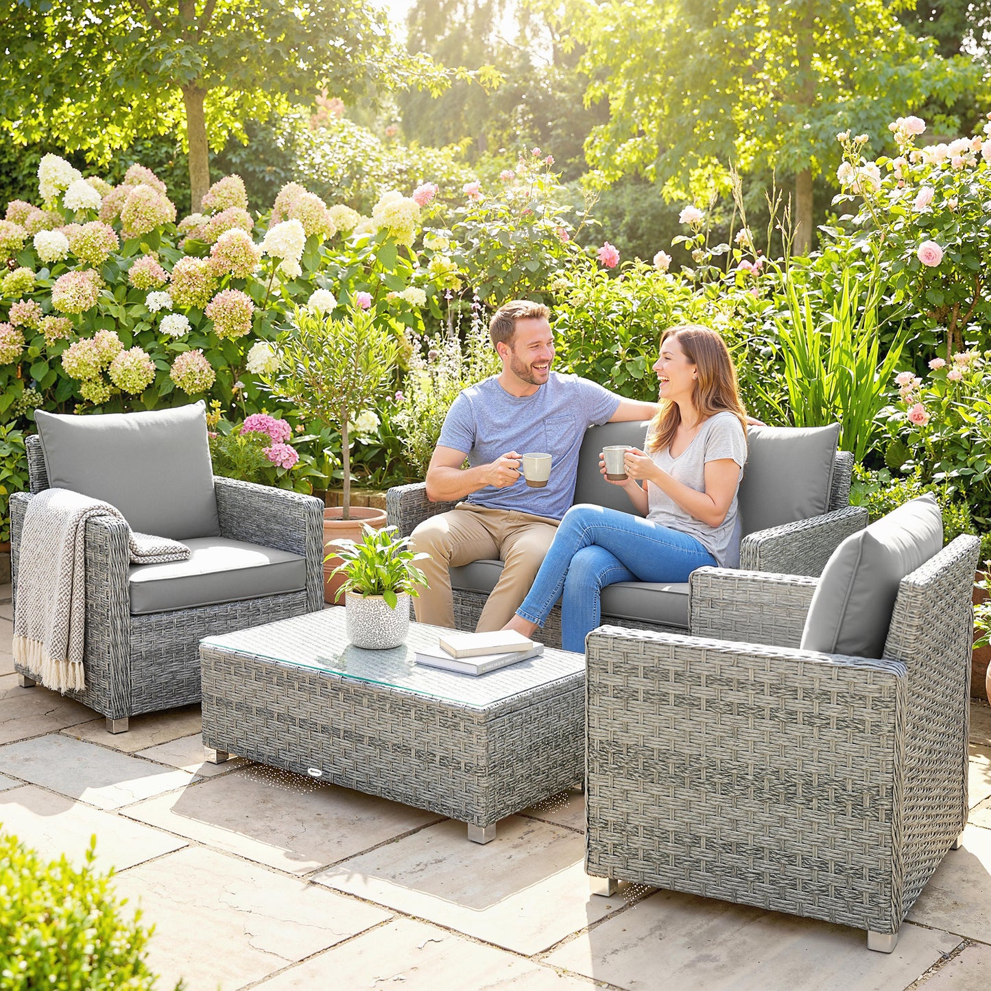 Outsunny 4 Piece Rattan Garden Furniture Set with Loveseat, 2 Armchairs, Glass-Top Table, Wicker Patio Conversation Set, Grey
