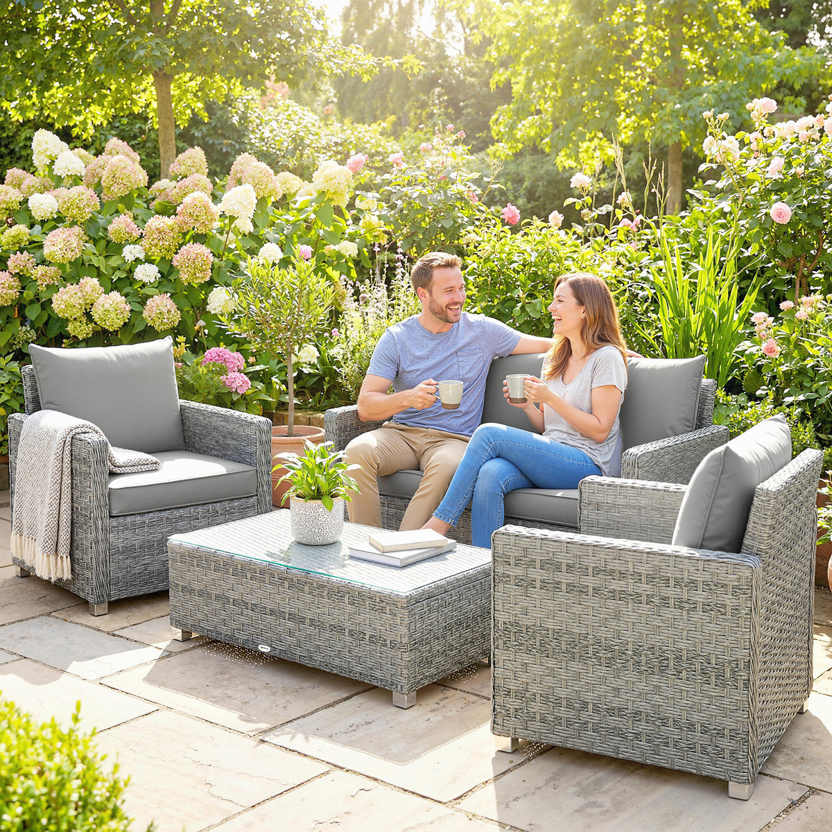 Outsunny 4 Piece Rattan Garden Furniture Set with Loveseat, 2 Armchairs, Glass-Top Table, Wicker Patio Conversation Set, Grey