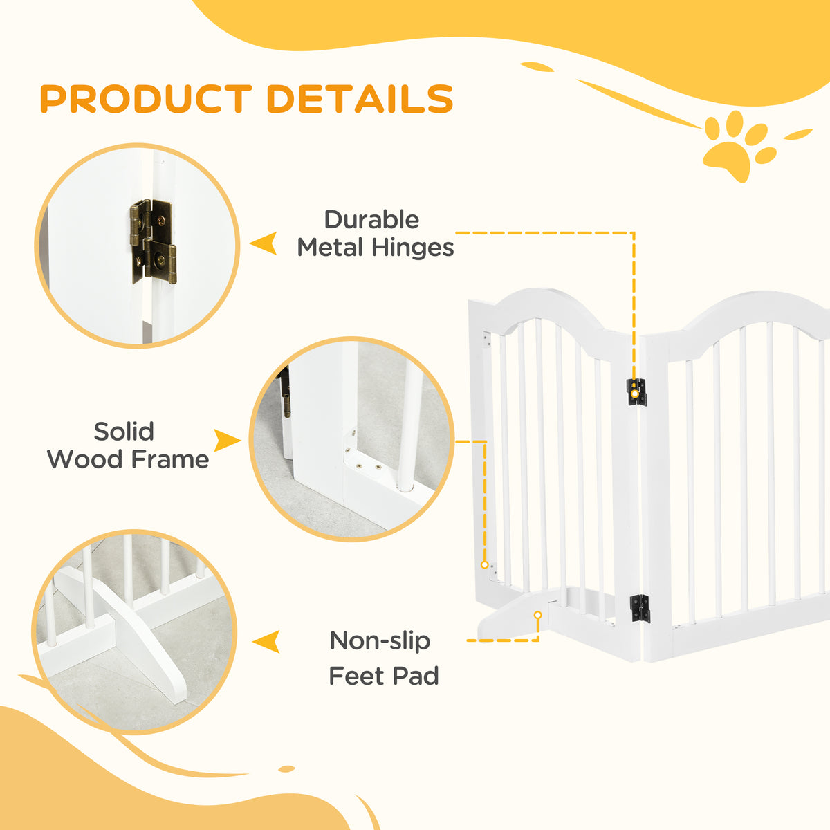 White wooden dog gate with close-ups of metal hinges, frame, and non-slip support feet.