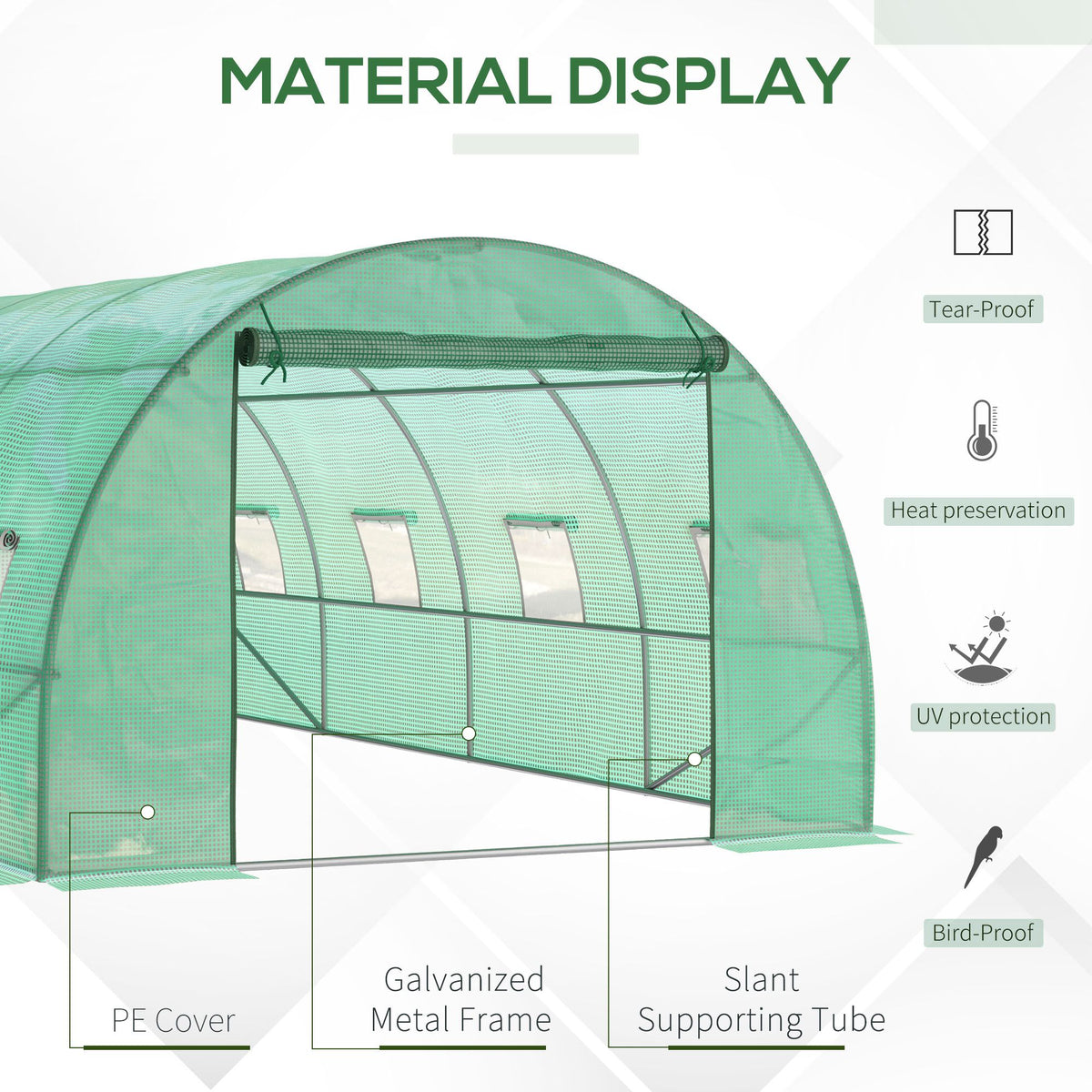 Greenhouse close-up showing PE cover, galvanized frame, and slant support tube