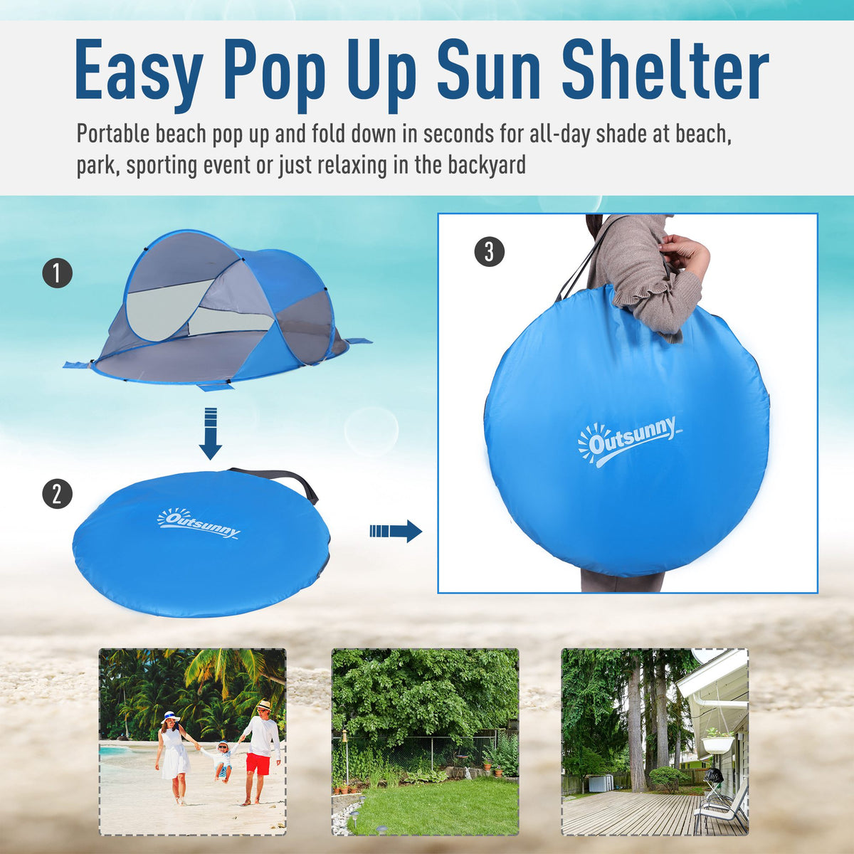 Blue pop-up beach tent folding into a round carrying bag