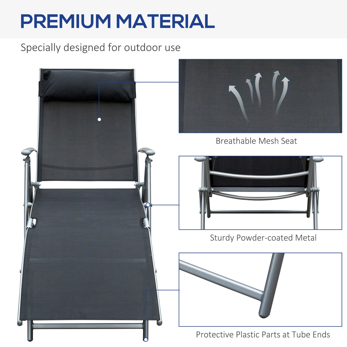 Black mesh sun lounger with powder-coated metal frame and protective feet