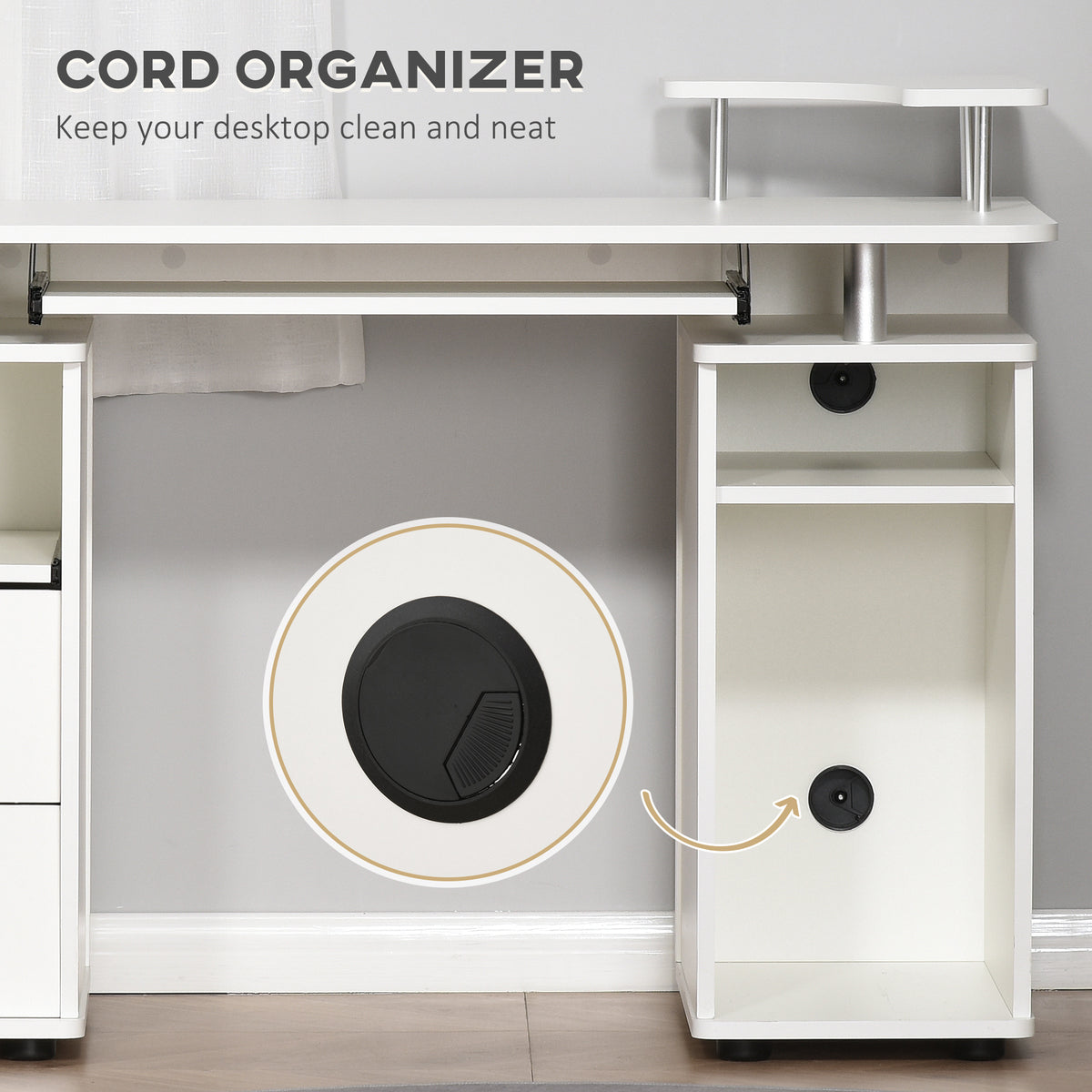 White computer desk with cable grommets in the desktop and CPU compartment.