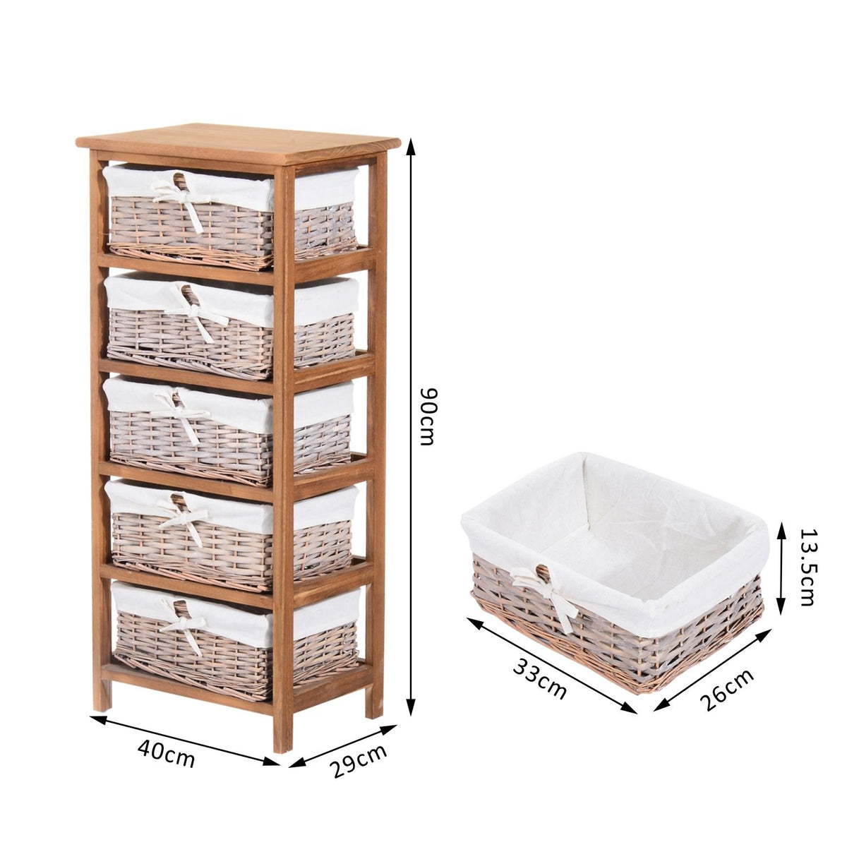 HOMCOM wicker basket storage unit with five drawers; dimensions shown for unit and basket