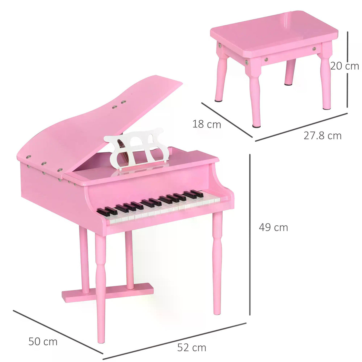 Pink mini piano and bench with dimensions shown; lid raised to reveal the keys