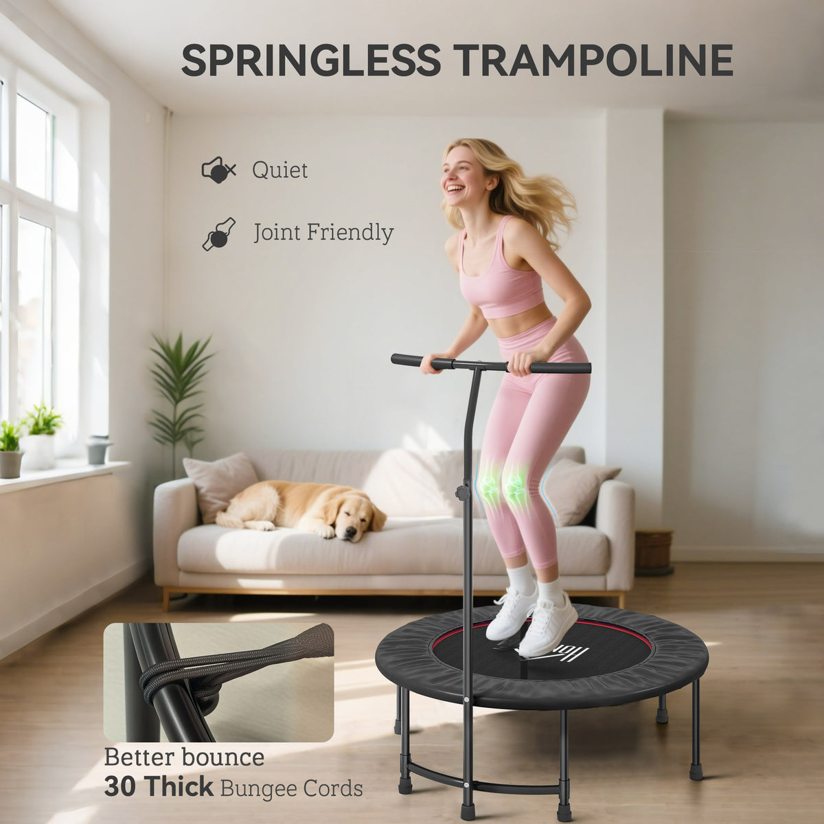Black springless fitness trampoline with handle and bungee-cord rebound surface