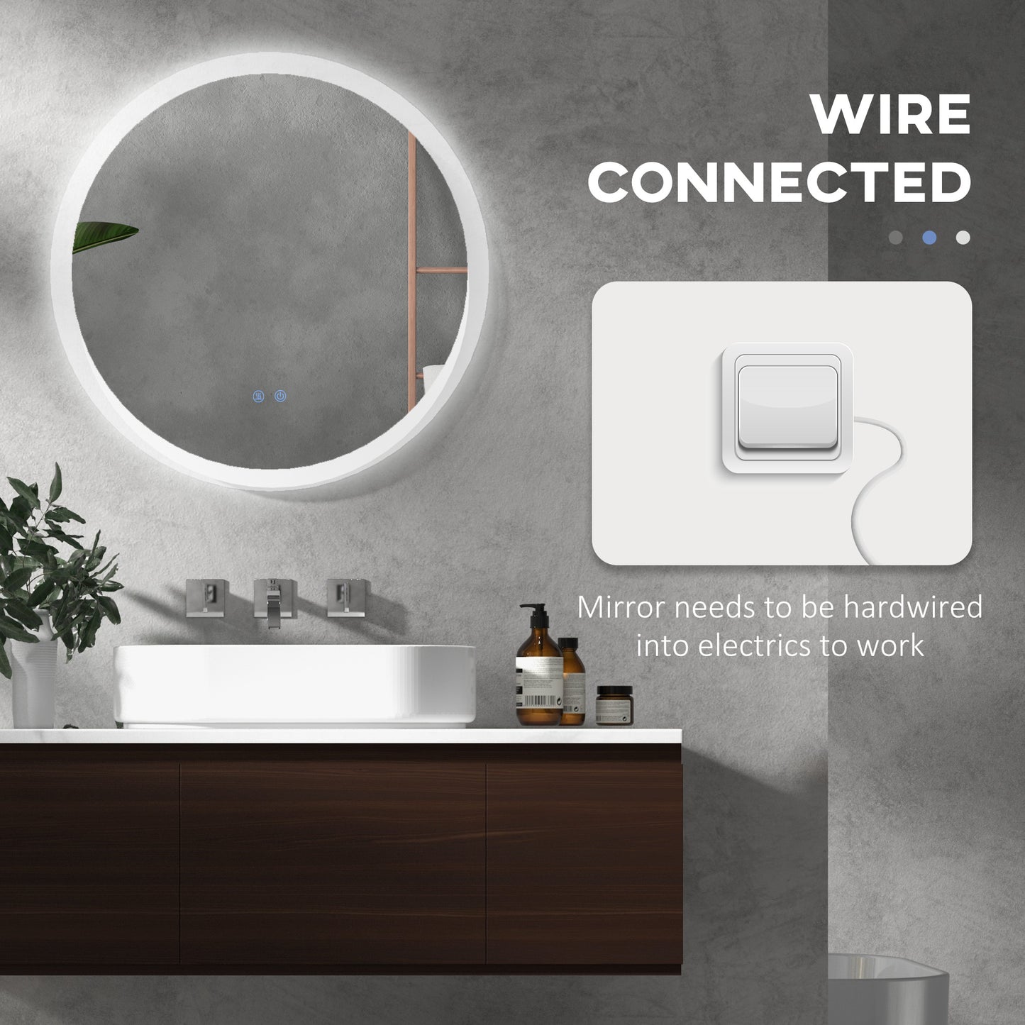 kleankin Round Bathroom Mirror with LED Lights, Wall-Mounted Dimmable Makeup Mirror with 3 Temperature Colours, Defogging Film, Memory Function, Hardwired, 70 x 70 cm