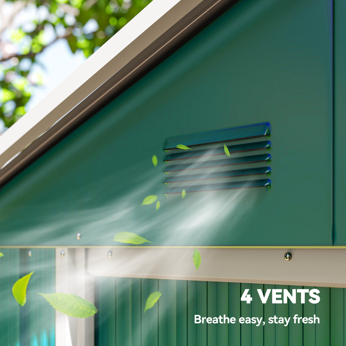 Green metal shed wall with a louvered ventilation opening