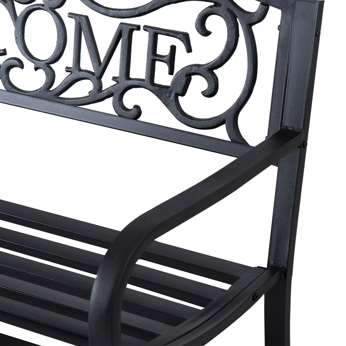 Close-up of the bench’s curved armrest, slatted seat, and ornate steel backrest