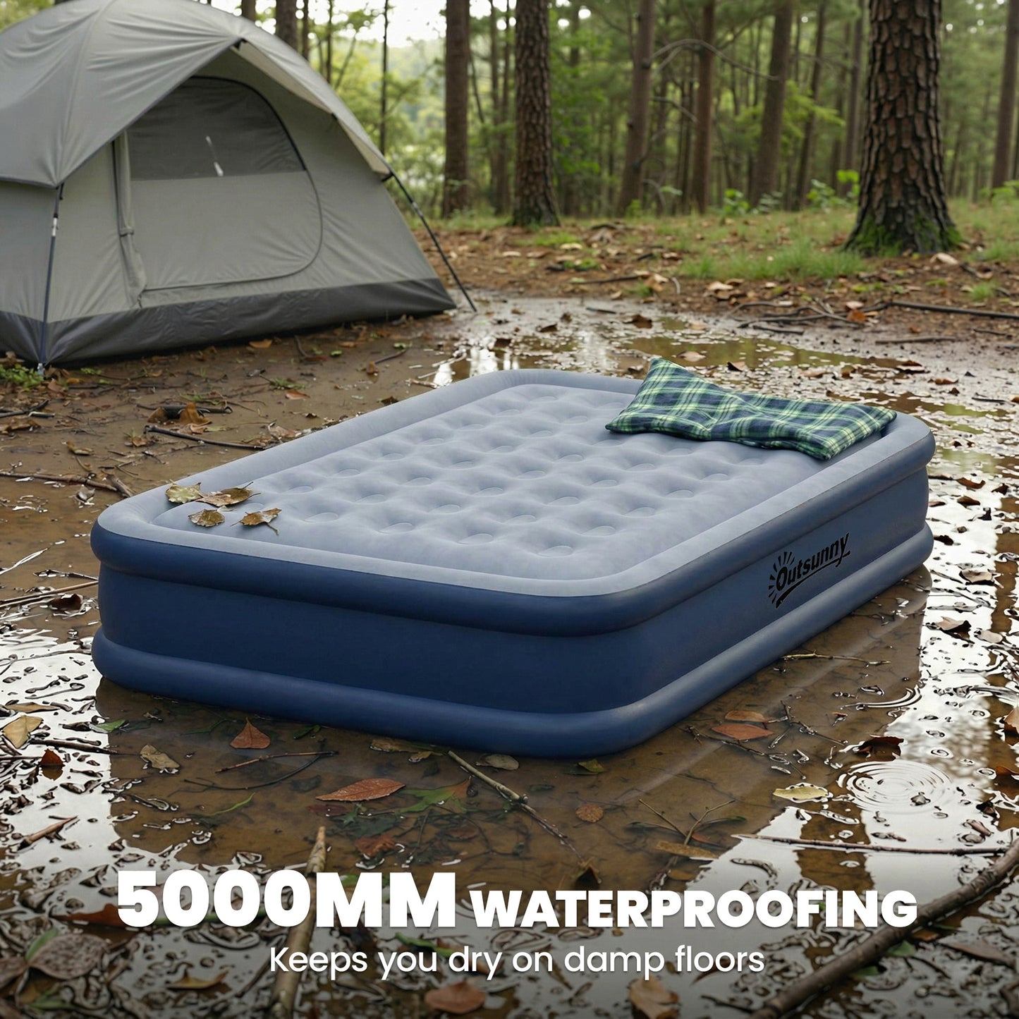 Outsunny Inflatable Mattress, Double Air Bed with Built-in Electric Pump, 3 Mins Inflation, Flocked Surface, Grey