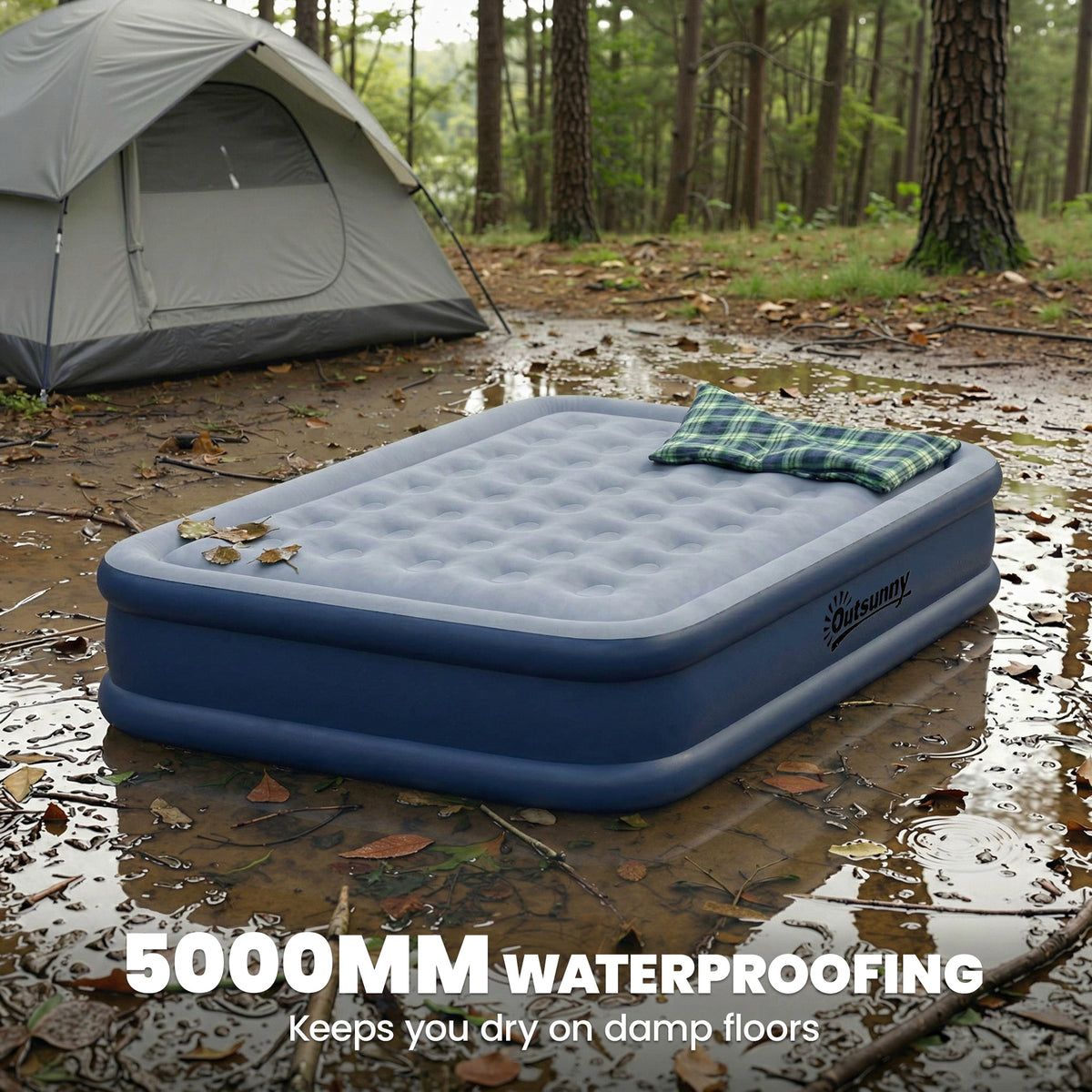 Outsunny Inflatable Mattress, Double Air Bed with Built-in Electric Pump, 3 Mins Inflation, Flocked Surface, Grey