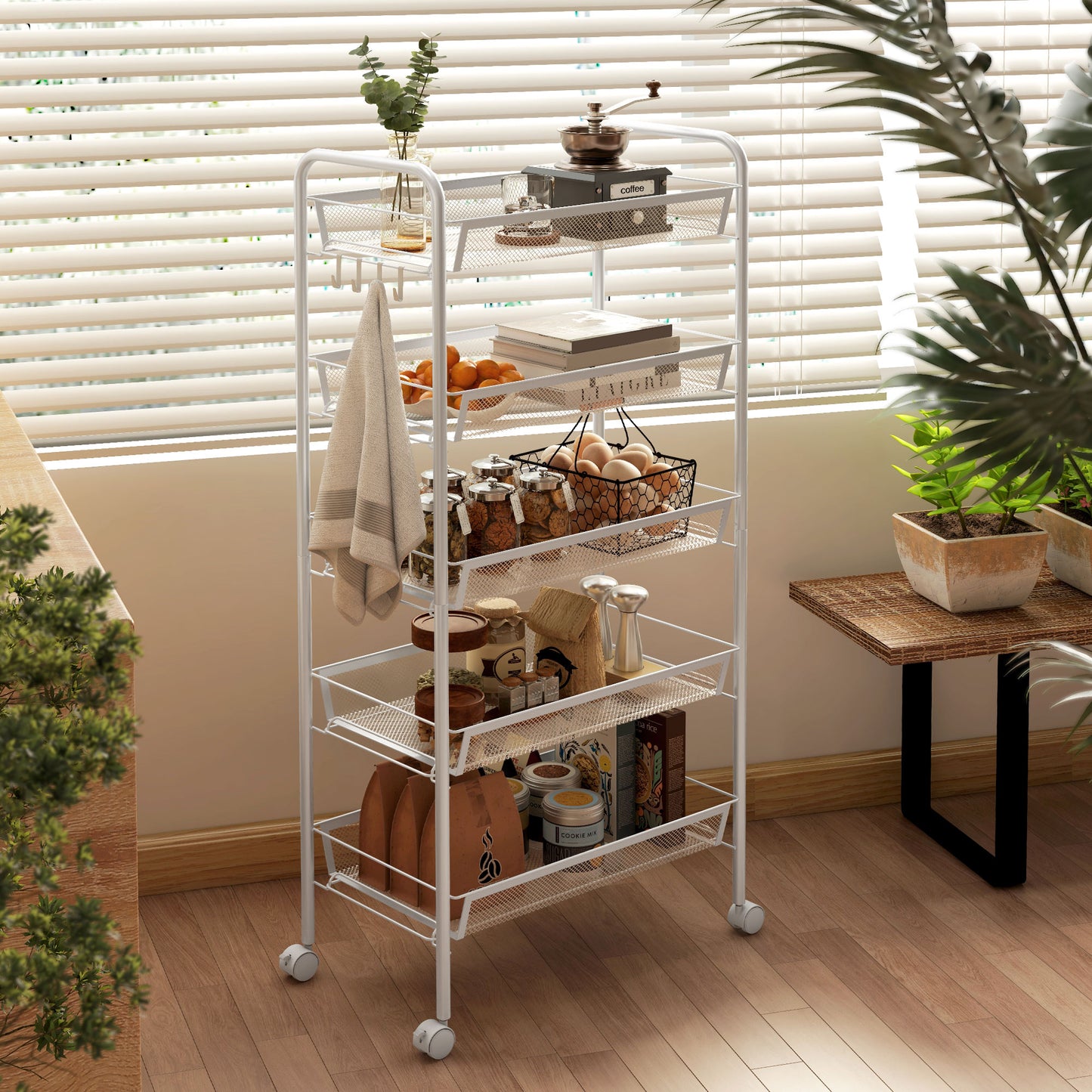 HOMCOM Five-Steel Mesh Basket Storage Trolley, with Wheels - White