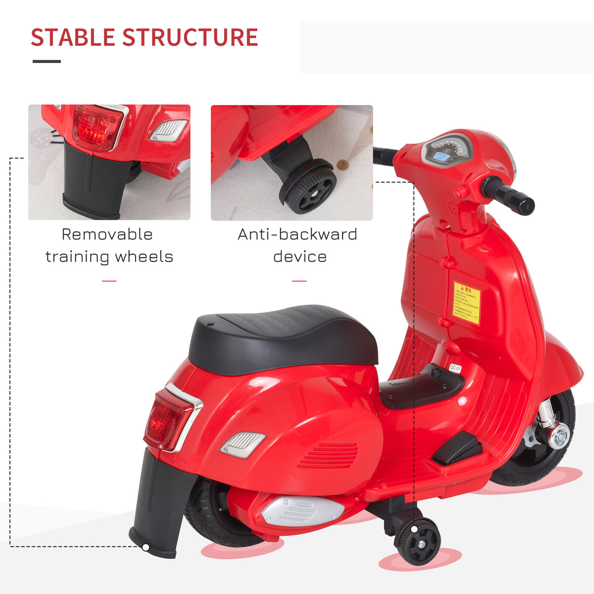 Rear view of red Vespa kids' ride-on motorcycle showing training wheels and anti-tip wheel