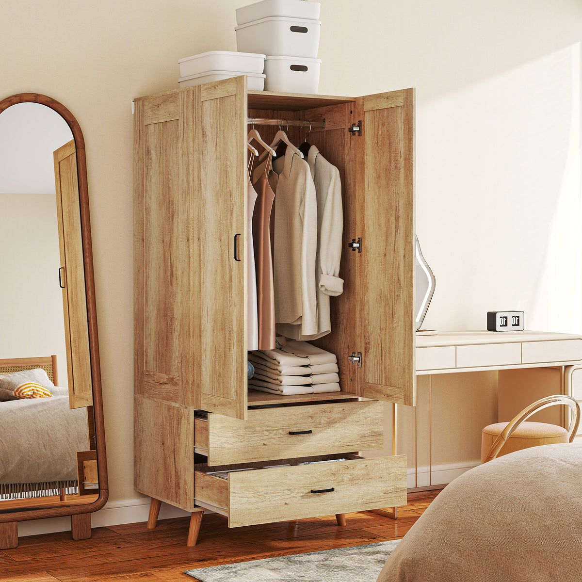 HOMCOM 2 Door Wardrobe, Modern Wardrobe with 2 Drawer and Hanging Rail for Bedroom, Natural