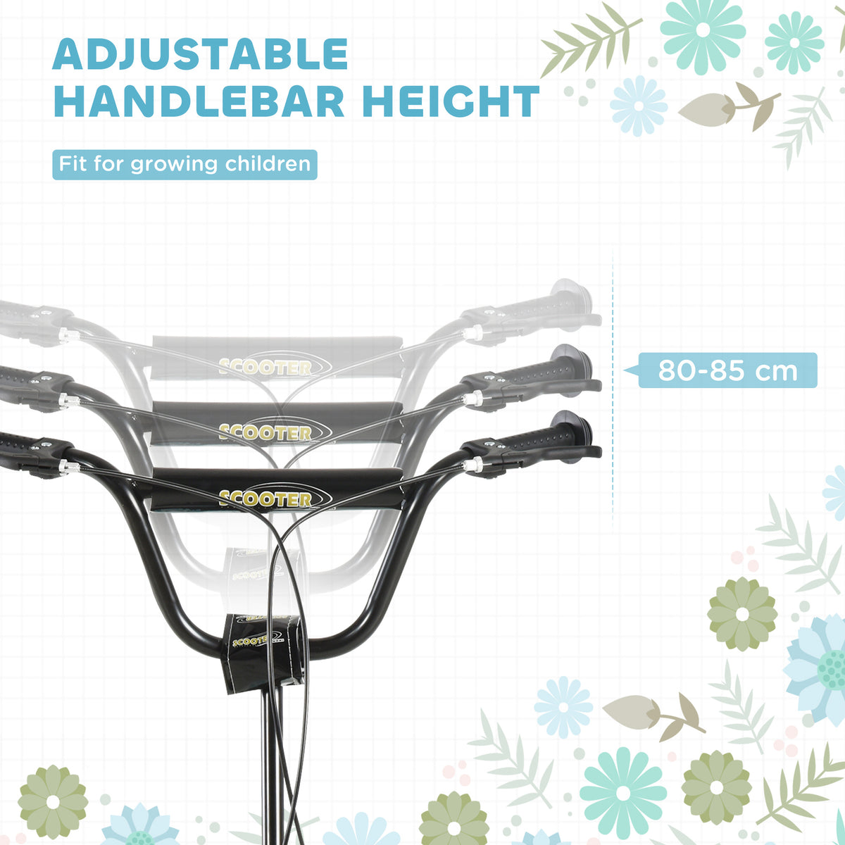Scooter handlebars shown at three adjustable height settings