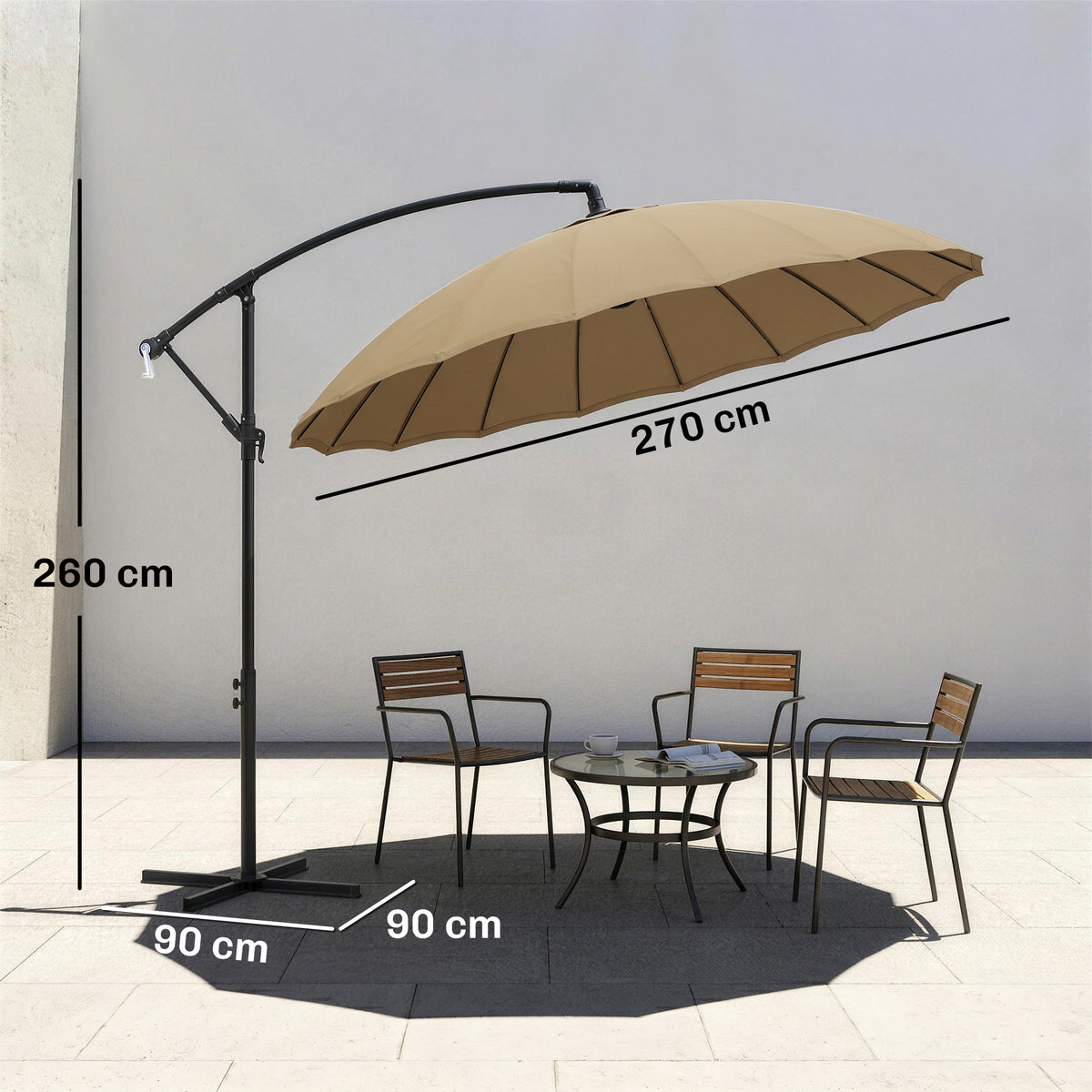 Outsunny khaki cantilever umbrella over patio furniture; canopy spans 270 cm