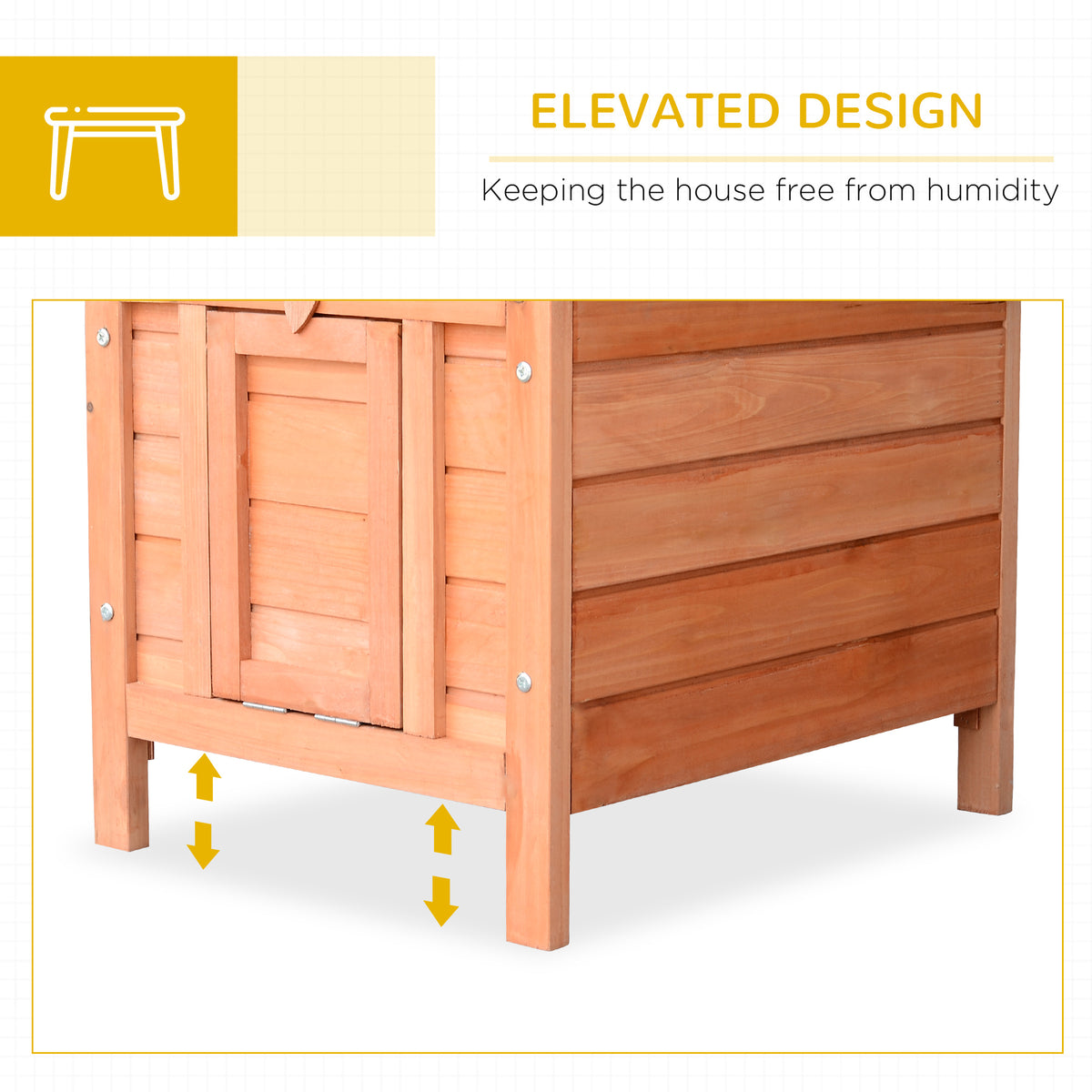 Elevated natural wood rabbit hutch with a small front door