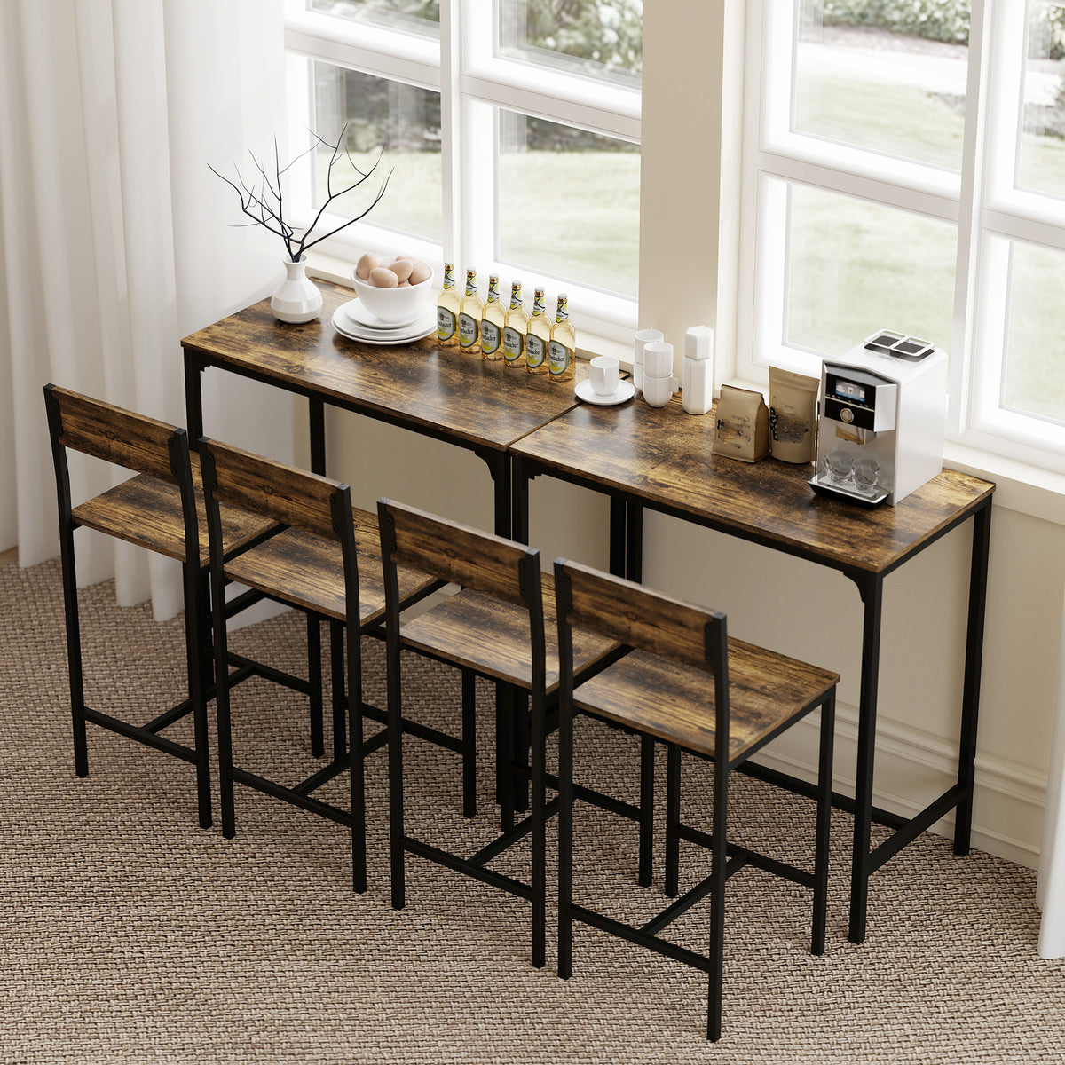 HOMCOM 3-Piece Bar Table Set with 2 Stools, Industrial Breakfast Bar Set with Footrest, Backrest for Dining Room, Small Space