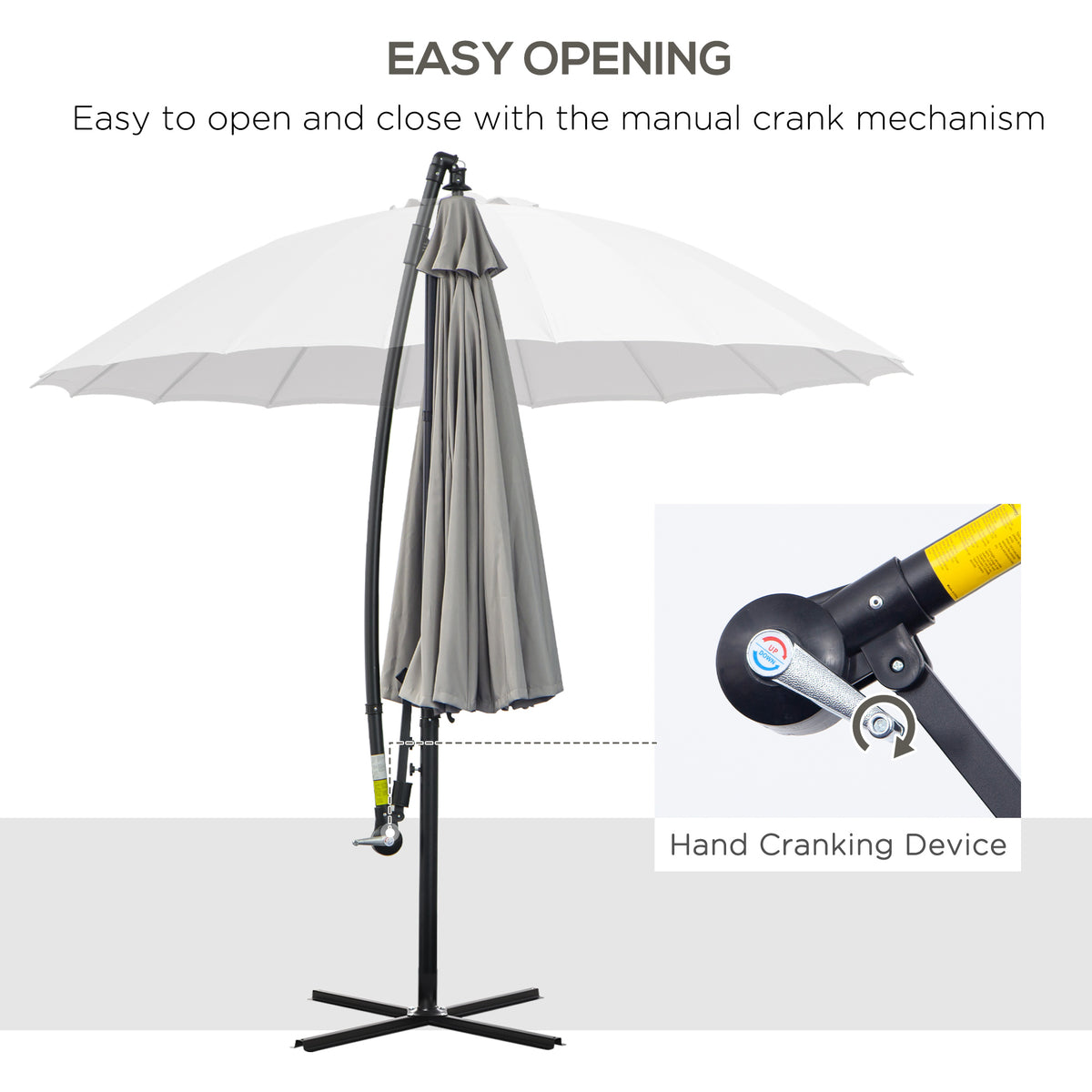 Outsunny cantilever umbrella folded and open, with manual crank mechanism
