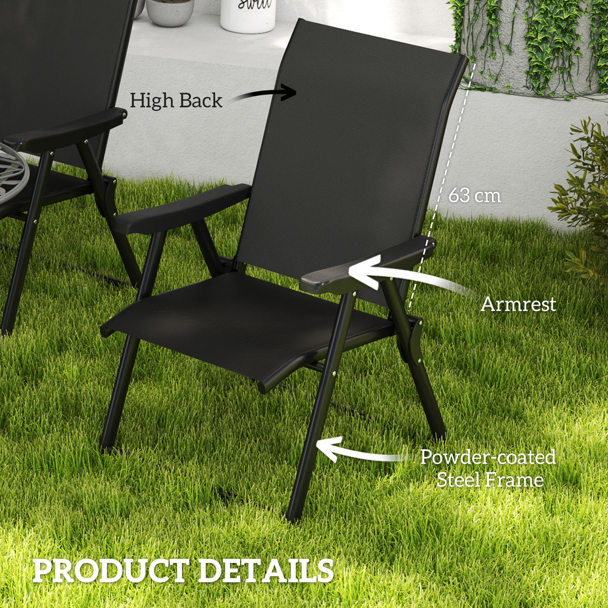 Black folding chair with high mesh back, armrests, and powder-coated steel frame