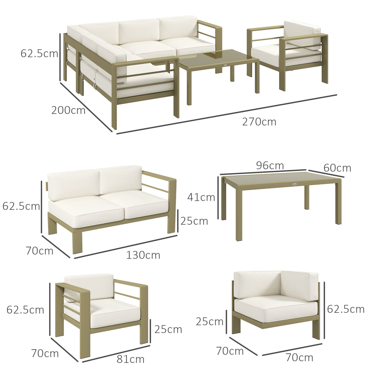 Outsunny 5-Piece Garden Corner Sofa Set with Cushions, 6 Seater Aluminium Garden Furniture Set with Glass Top Coffee Table, Patio Sectional Conservatory Furniture for Patio & Terrace, Gold Tone