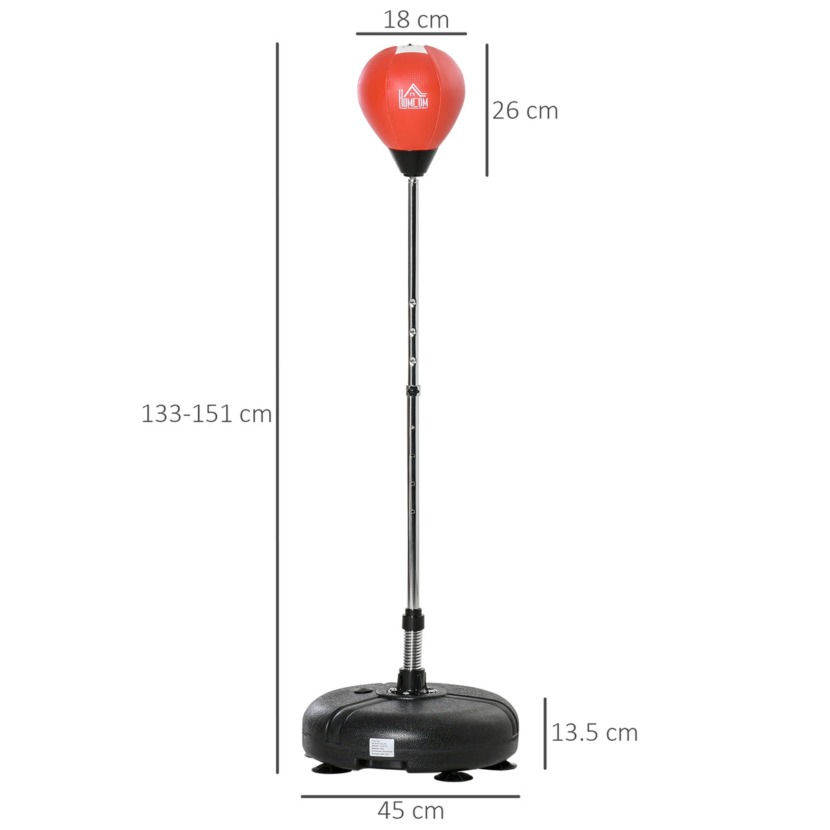 HOMCOM adjustable punching bag stand with dimensions of 133–151 cm tall and 45 cm base