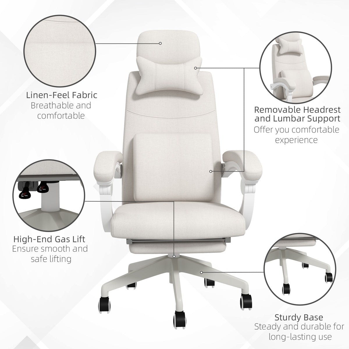 White linen-look office chair with headrest, lumbar cushion, padded arms, gas lift and wheeled base
