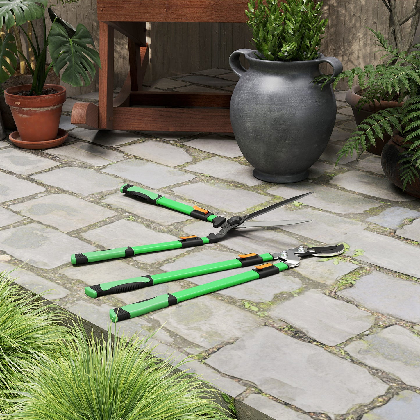 Outsunny 2 Pcs Garden Shears Set, Tree Lopper, Hedge Shears with Telescopic Extendable Handles, Garden Shears for Hedges, Shrubs and Bushes, Lightweight Shrub Care Kit for Cutting, Trimming