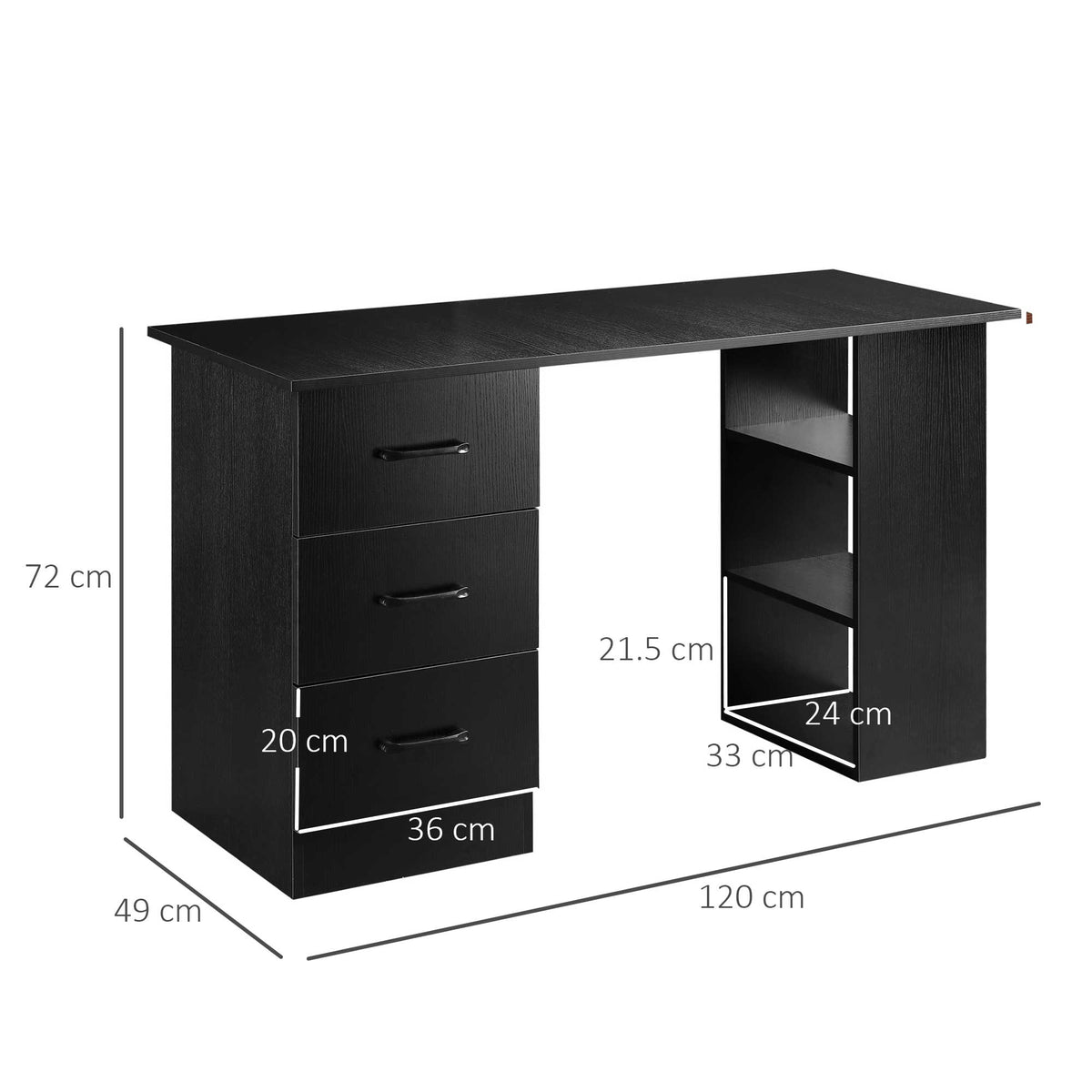 Black desk with three drawers and three shelves, shown with dimensions.