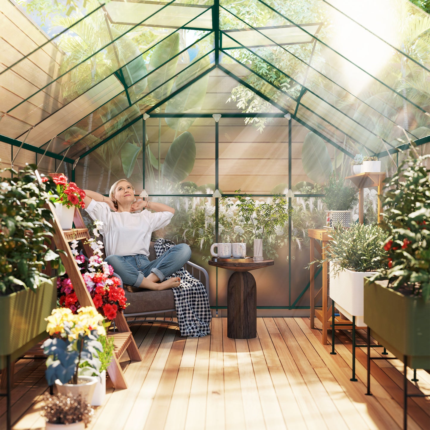 Outsunny 8 x 12ft Aluminium Greenhouse Polycarbonate Walk in Garden Greenhouse Kit with Adjustable Roof Vent, Double Sliding Door, Rain Gutter and Foundation, Clear