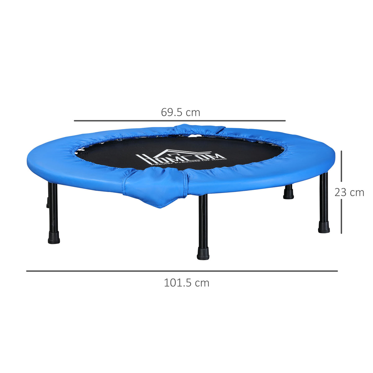 HOMCOM mini fitness trampoline with blue pad; dimensions shown as 101.5 cm wide and 23 cm high