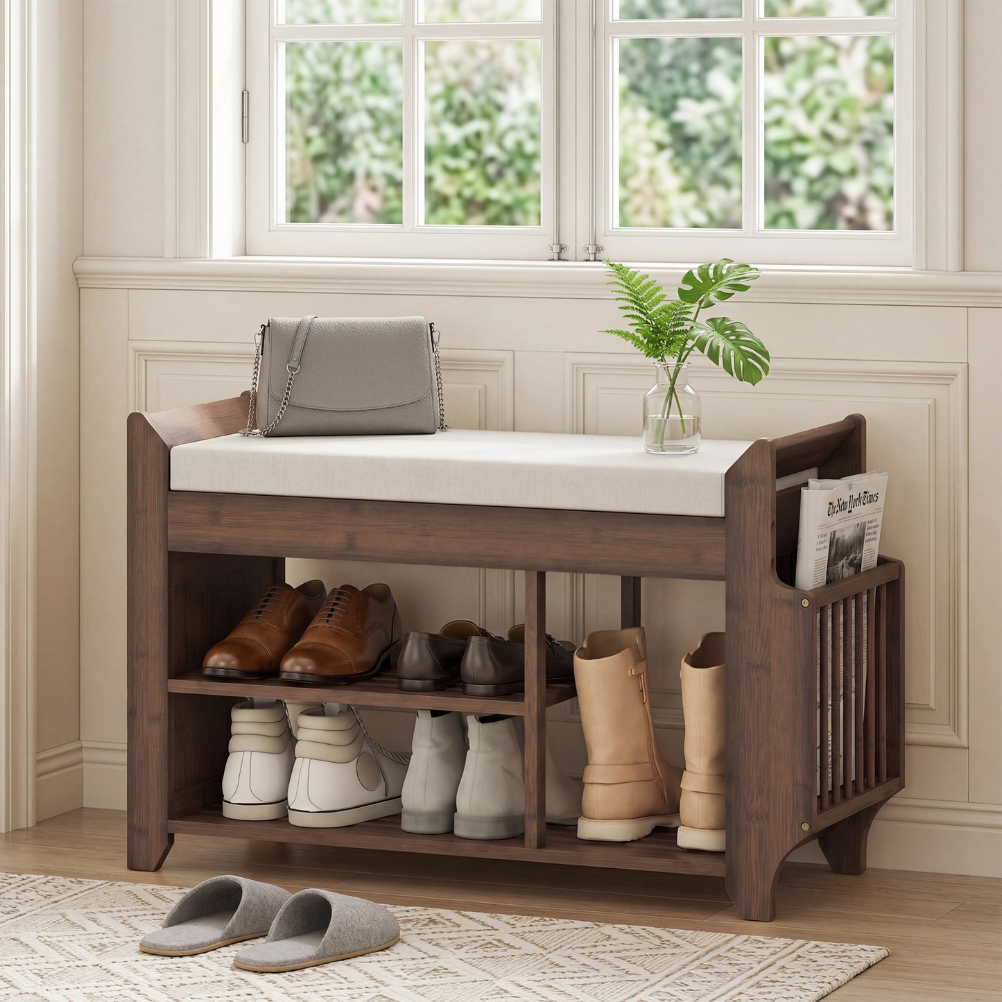 HOMCOM Shoe Bench 2-Tier Boot Section Entryway Storage Bench Cushioned Seat 100 x 30 x 50 cm Dark Brown and Cream