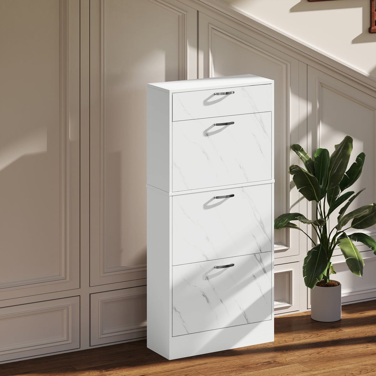 HOMCOM Marble Shoe Storage Cabinet with 3 Flip Drawers, Hallway Cabinet with Top Drawer and Adjustable Shelves, Shoe Cupboard for 18 Pairs, White