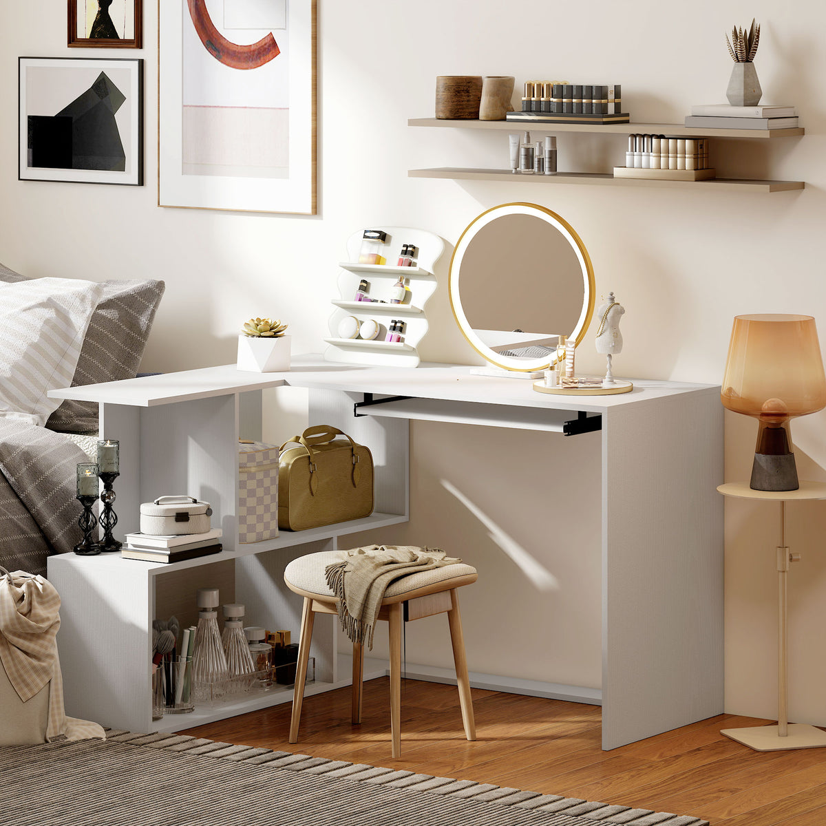 HOMCOM L-Shaped Corner Desk, Computer Desk with Keyboard Tray and Open Shelves, White Wood Effect