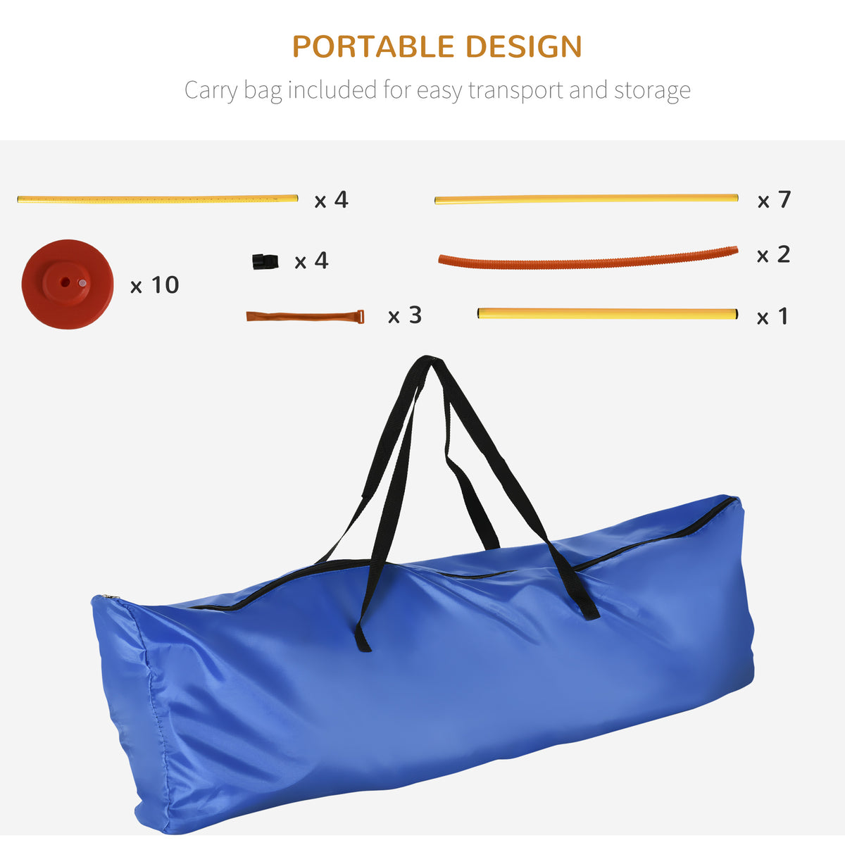 Dog agility equipment parts and blue carry bag with black handles