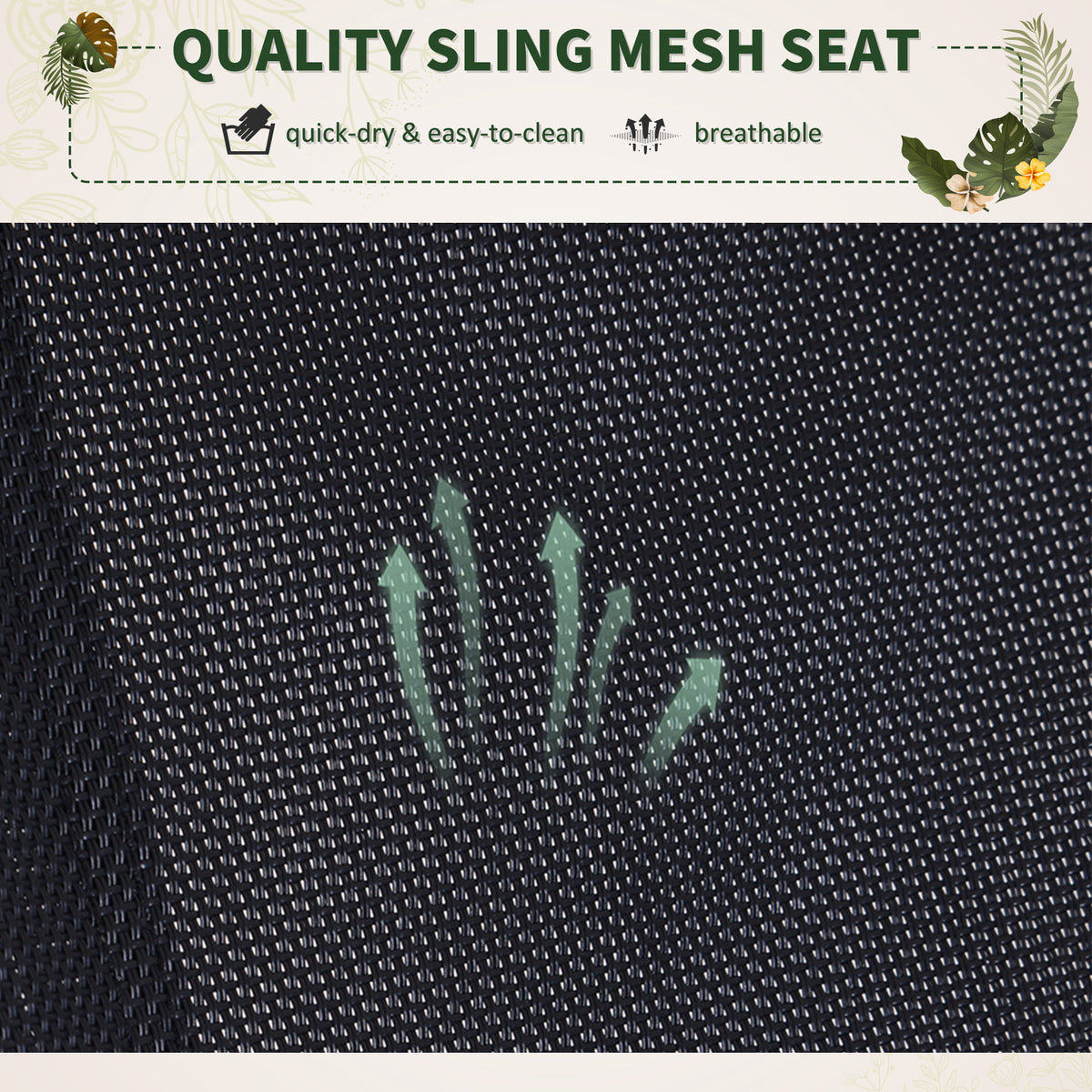 Close-up of the chaise's black breathable mesh sling fabric