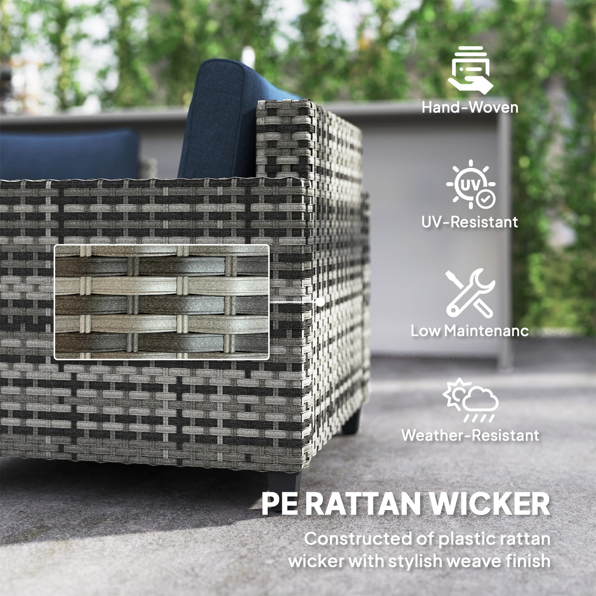 Close-up of the hand-woven gray plastic rattan wicker sofa frame