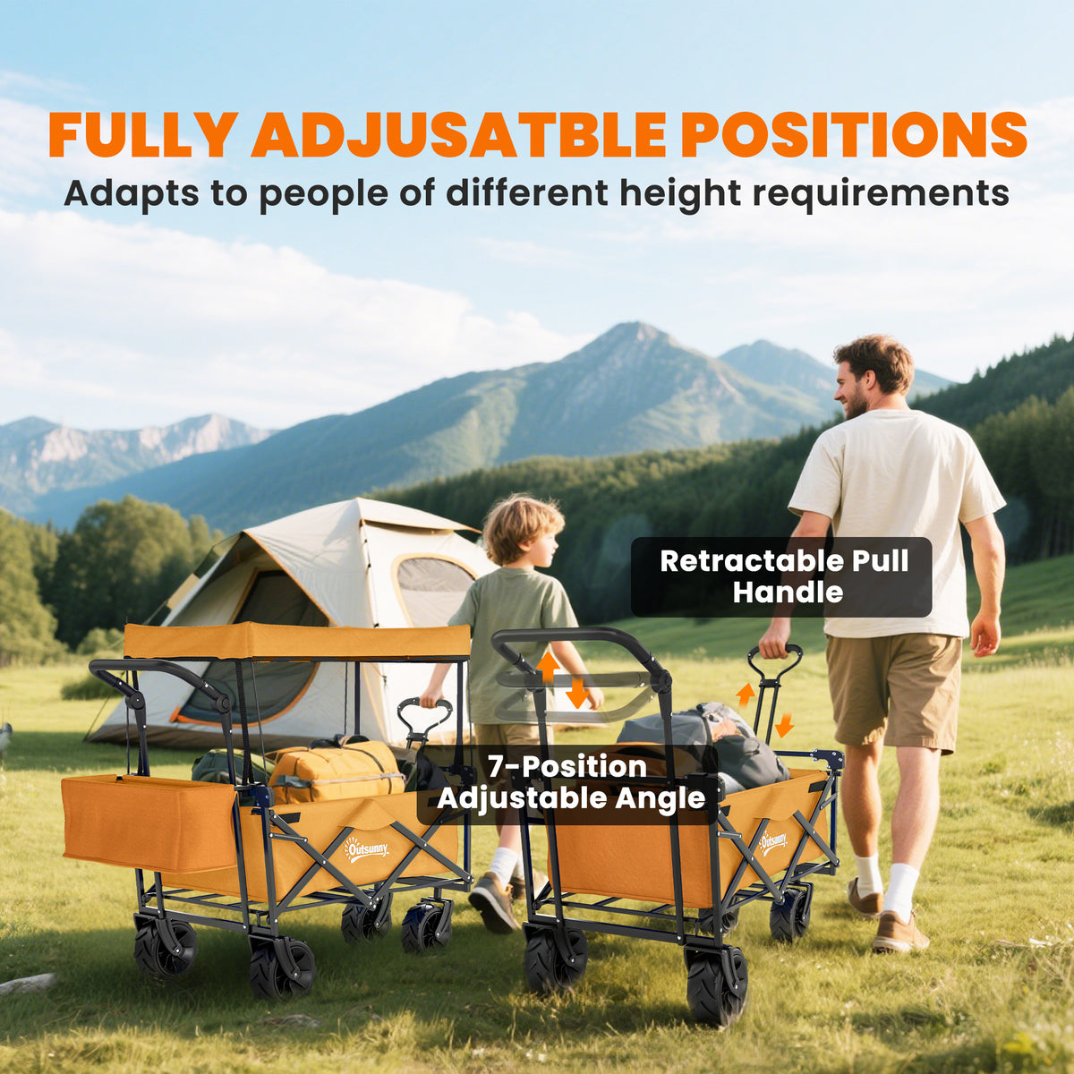 Orange canopy wagon with adjustable pull handle and seven-position handle angle