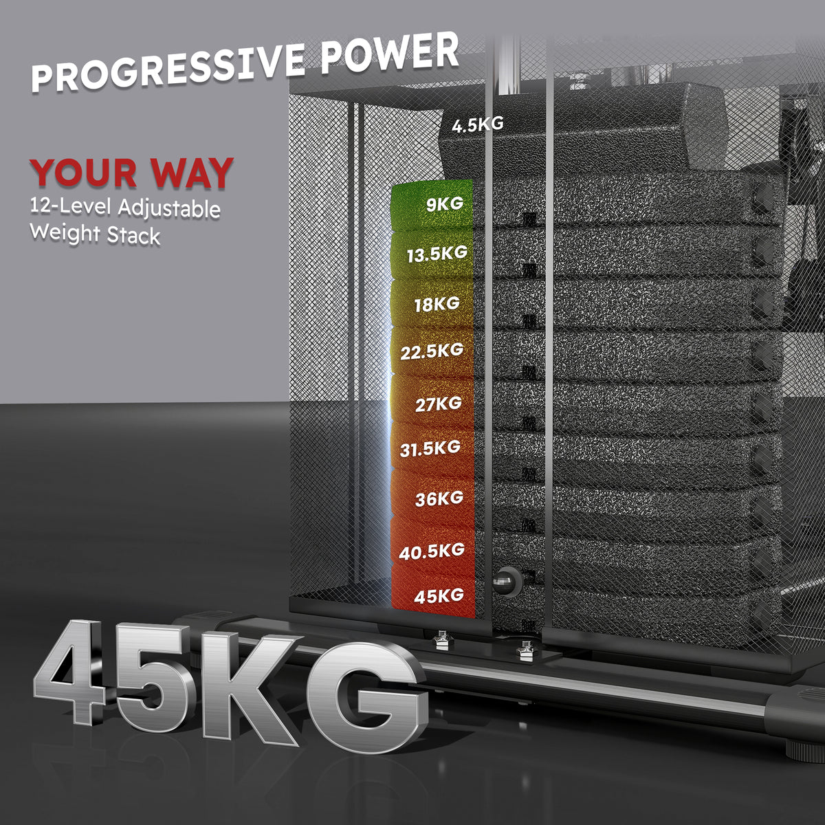 Home gym system's 45 kg weight stack with 12 adjustable resistance levels