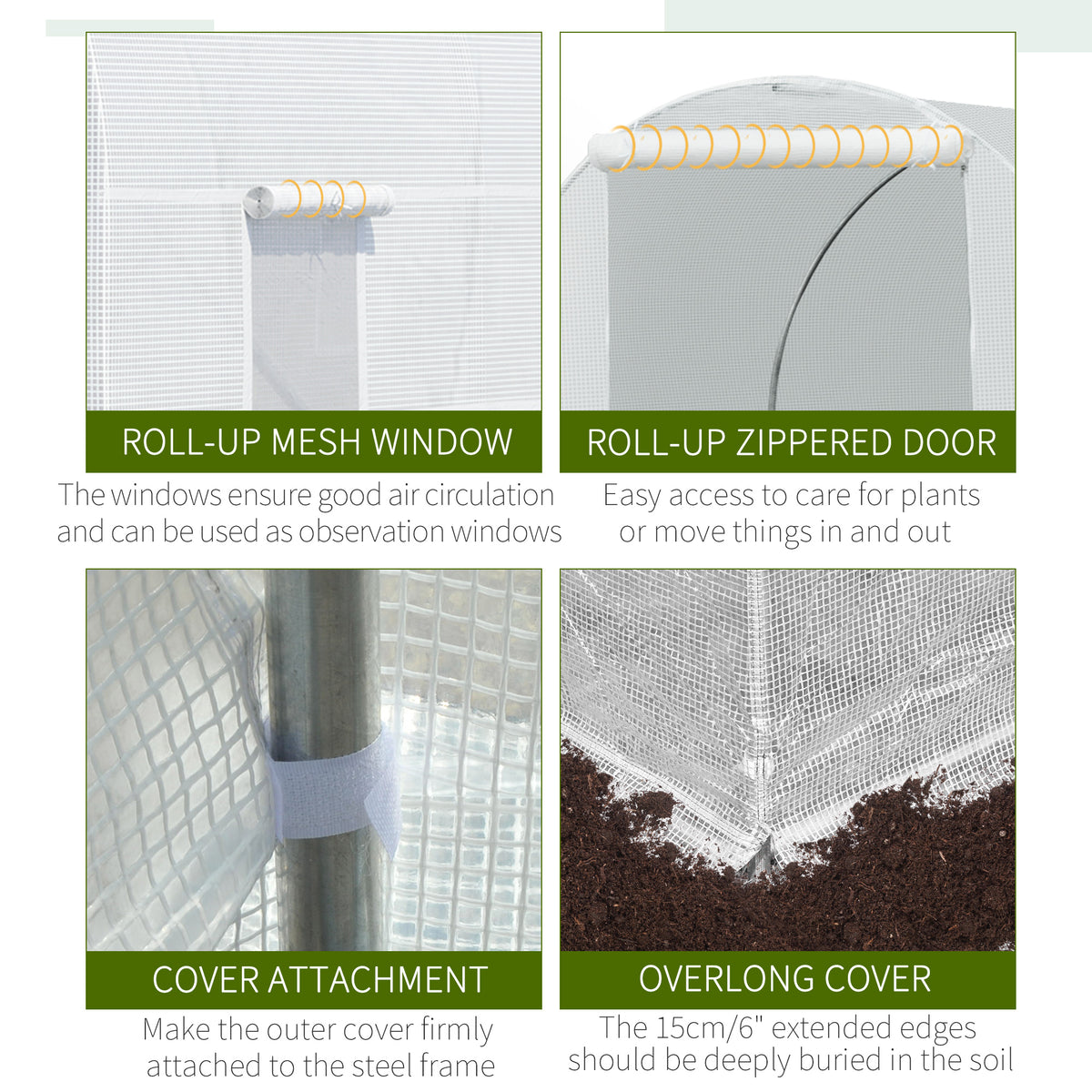 Outsunny greenhouse details showing mesh windows, roll-up door, frame ties, and cover extension